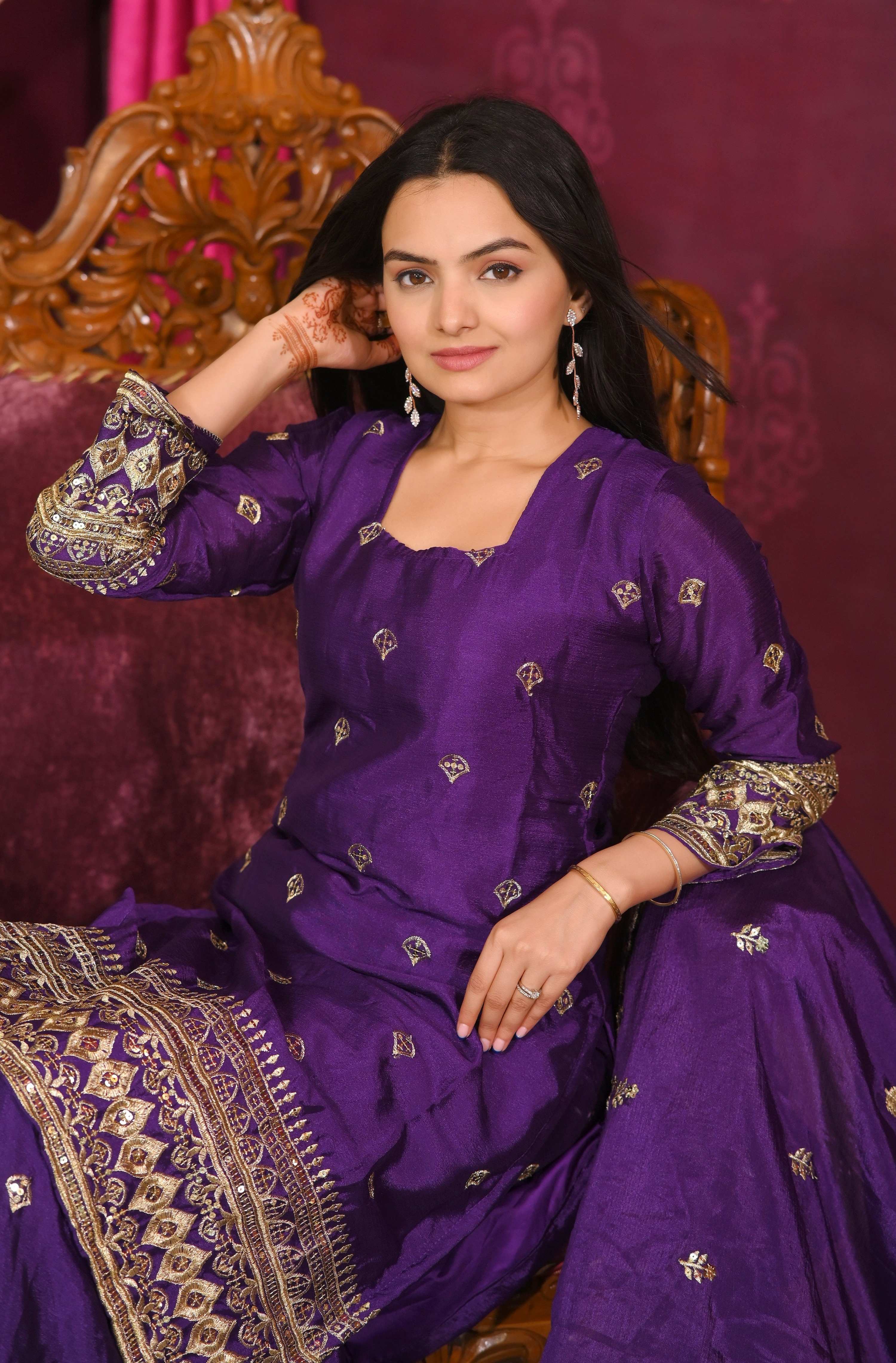Teeya Creation Purple Color Chinon Silk Heavy Embroidery Work Fully Stitched Salwar Suit - Distacart