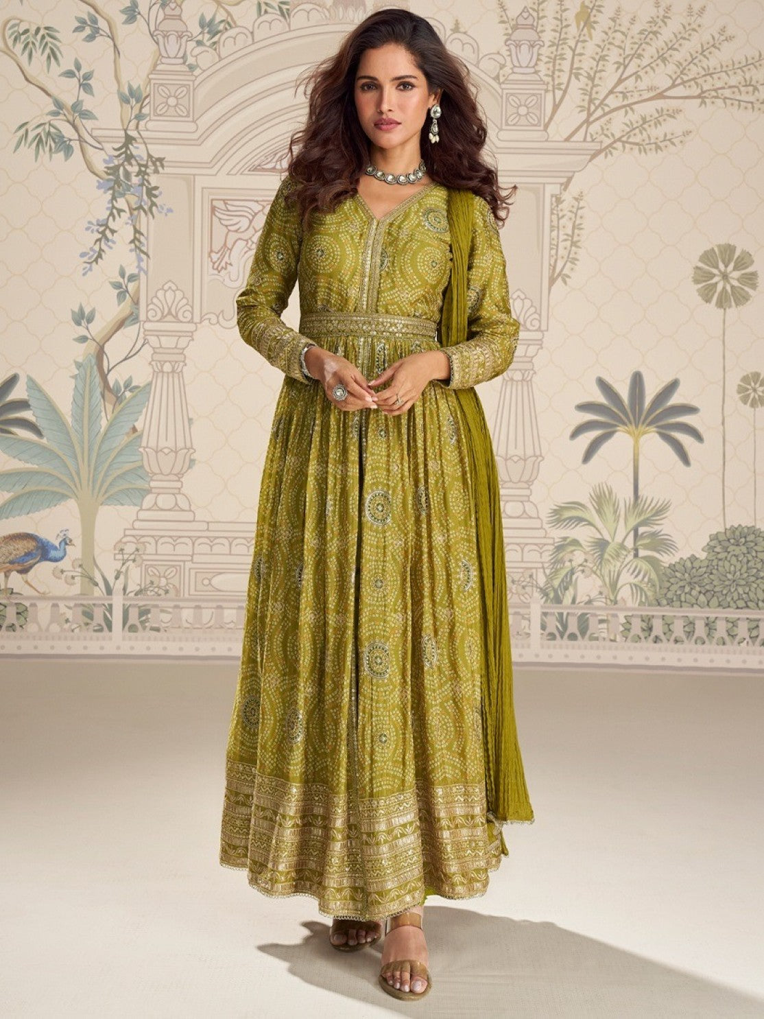 Anaita Mehendi Chinon Anarkali Readymade Suit with Embroidery & Coding Work - Dista