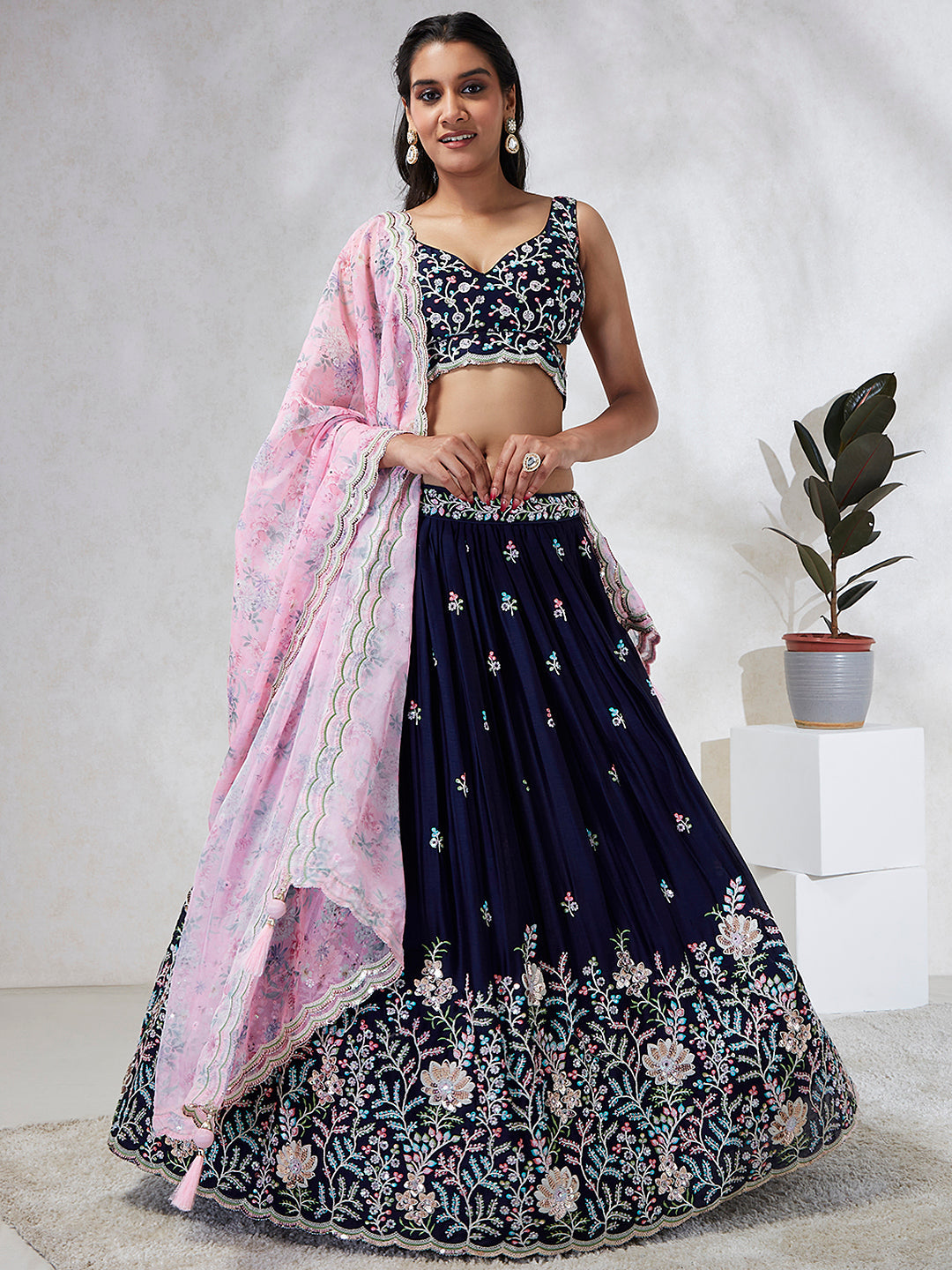 House of Panchhi Navy Blue Georgette Sequins, Mirror And Thread Embroidery Lehenga Choli & Dupatta - Distacart
