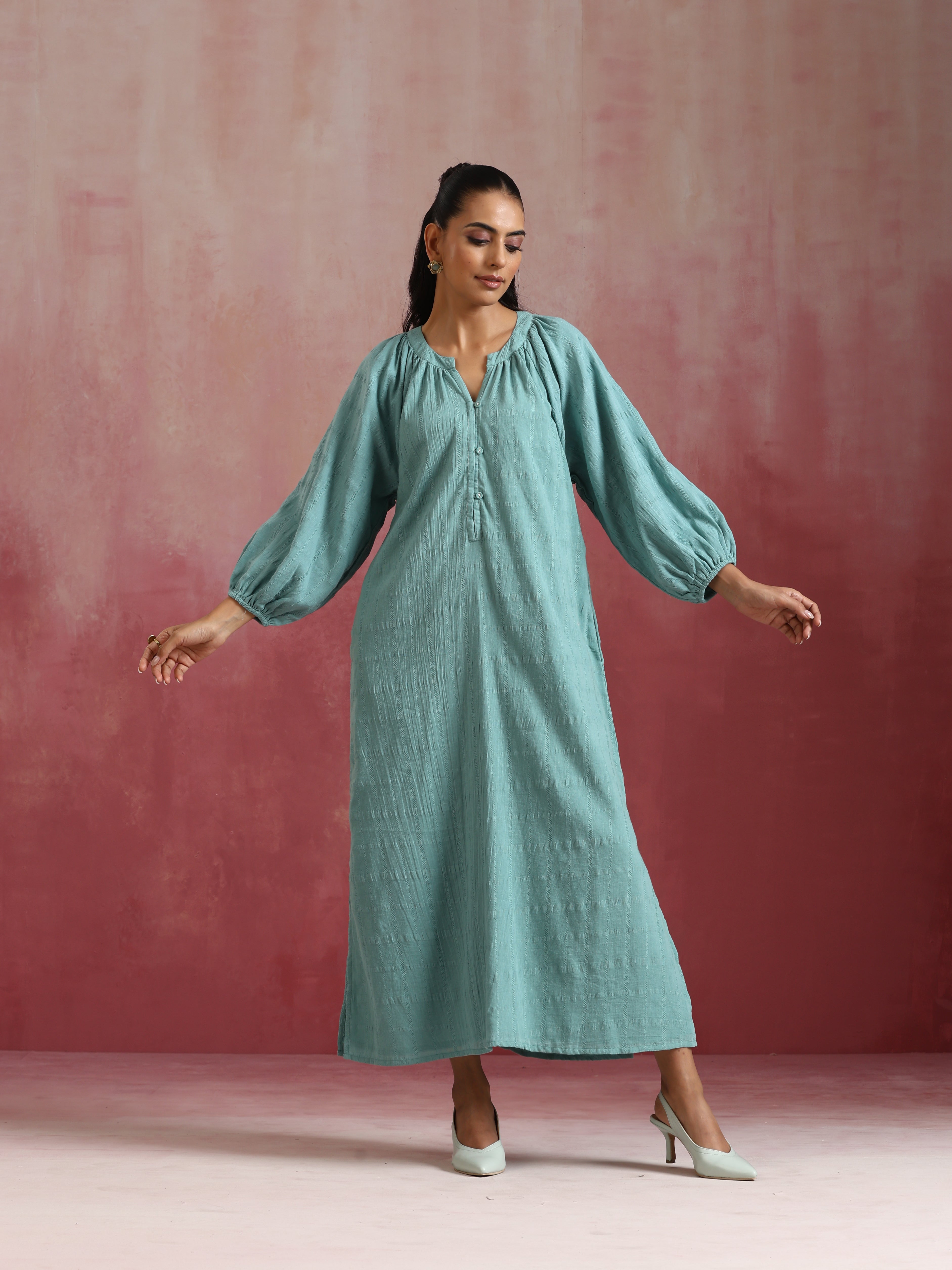 trueBrowns Aqua Blue Cotton Dobby Dress - Distacart