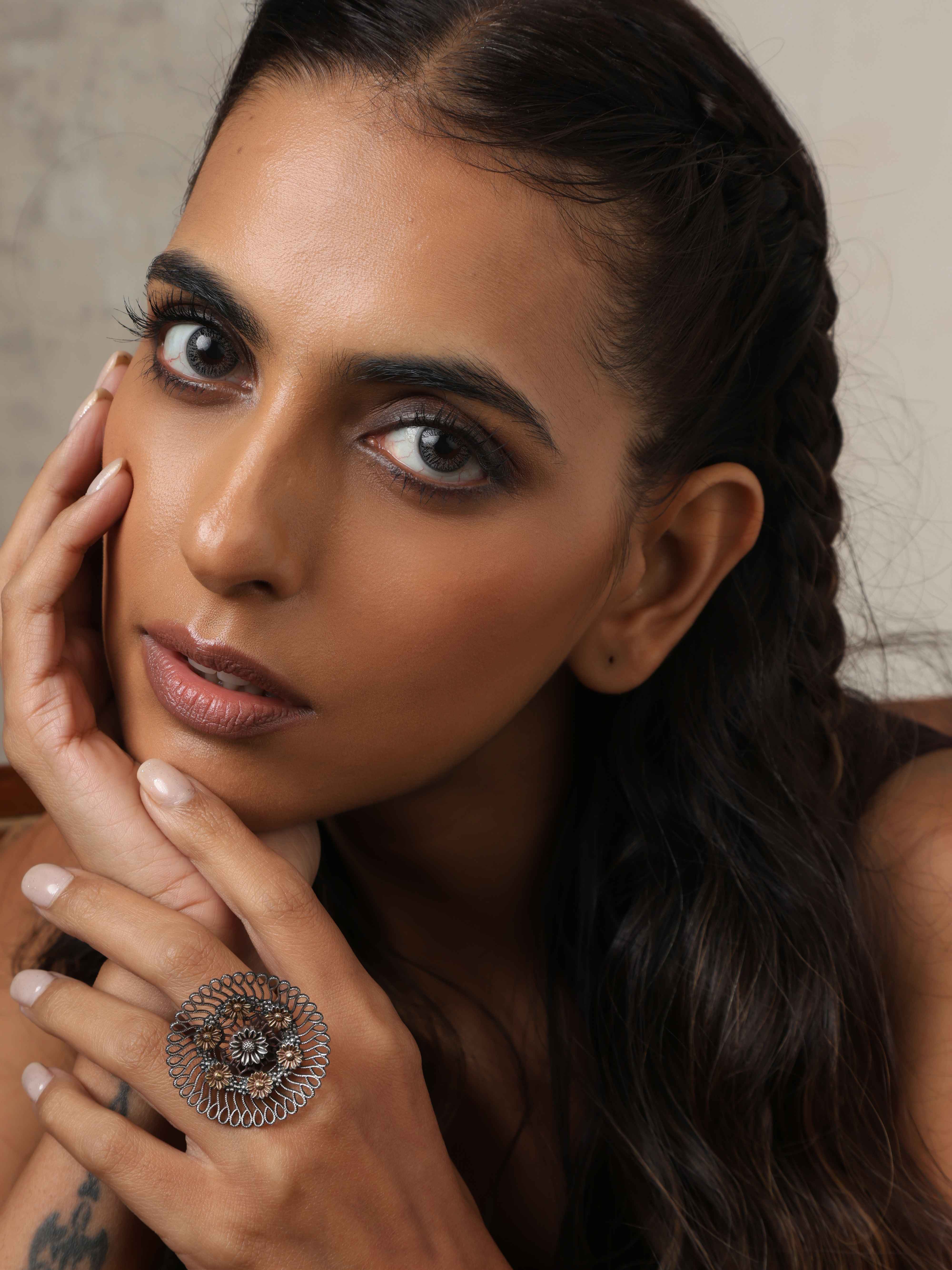 trueBrowns Silver Tone Floral Circular Ring - Distacart