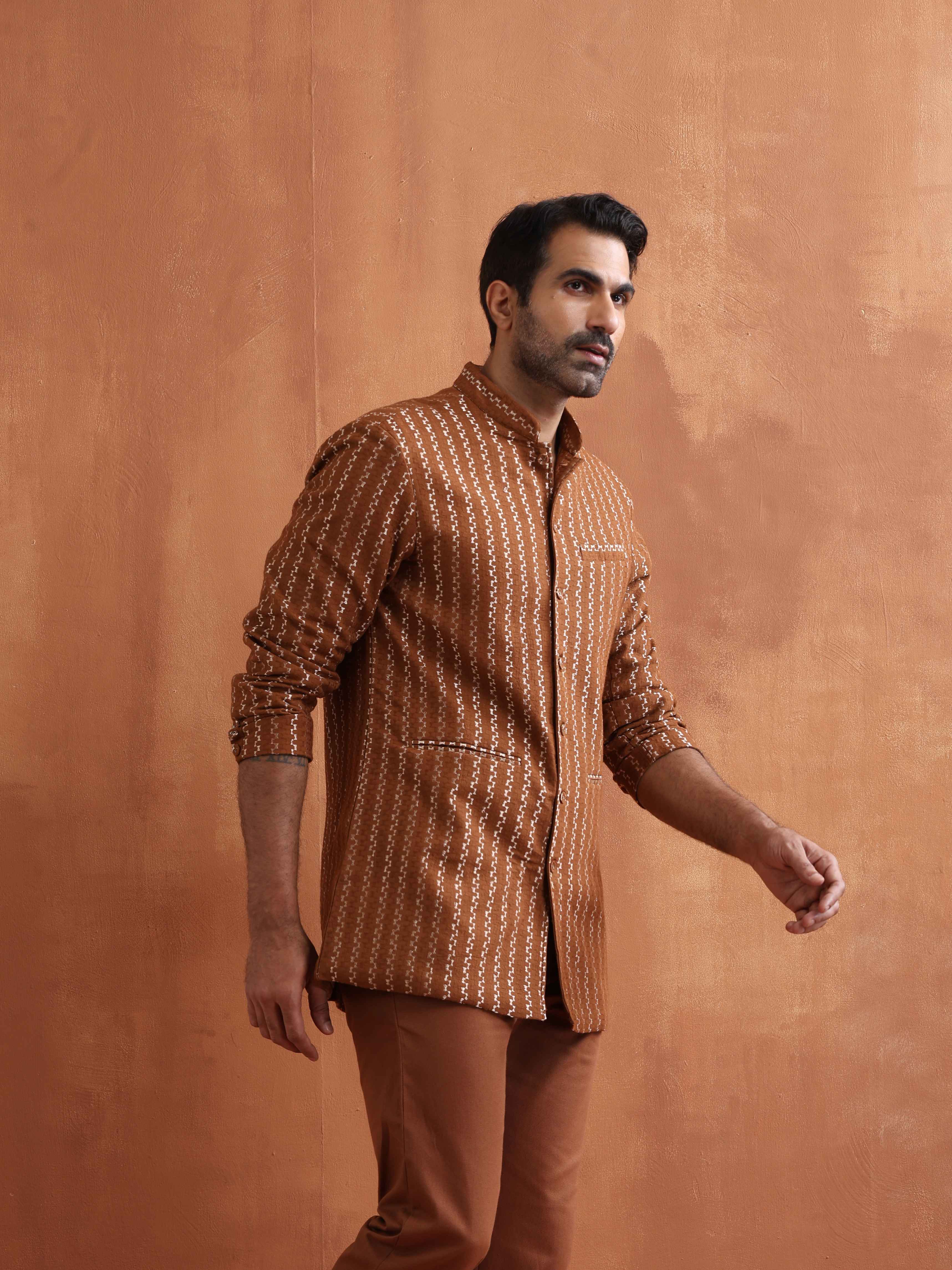 trueBrowns Men's Brown Cotton Dobby Long Jacket - Distacart