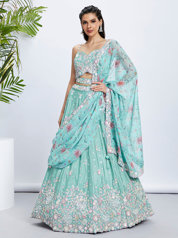 House of Panchhi Burgundy Georgette Sequins, Mirror And Thread Embroidery Lehenga Choli & Dupatta - Distacart