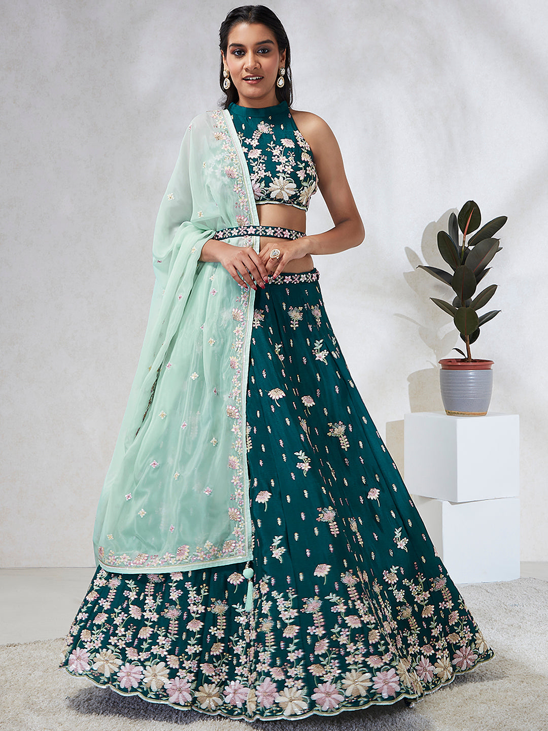House of Panchhi Green Pure Georgette Sequins And Thread Embroidery Lehenga Choli & Dupatta - Distacart
