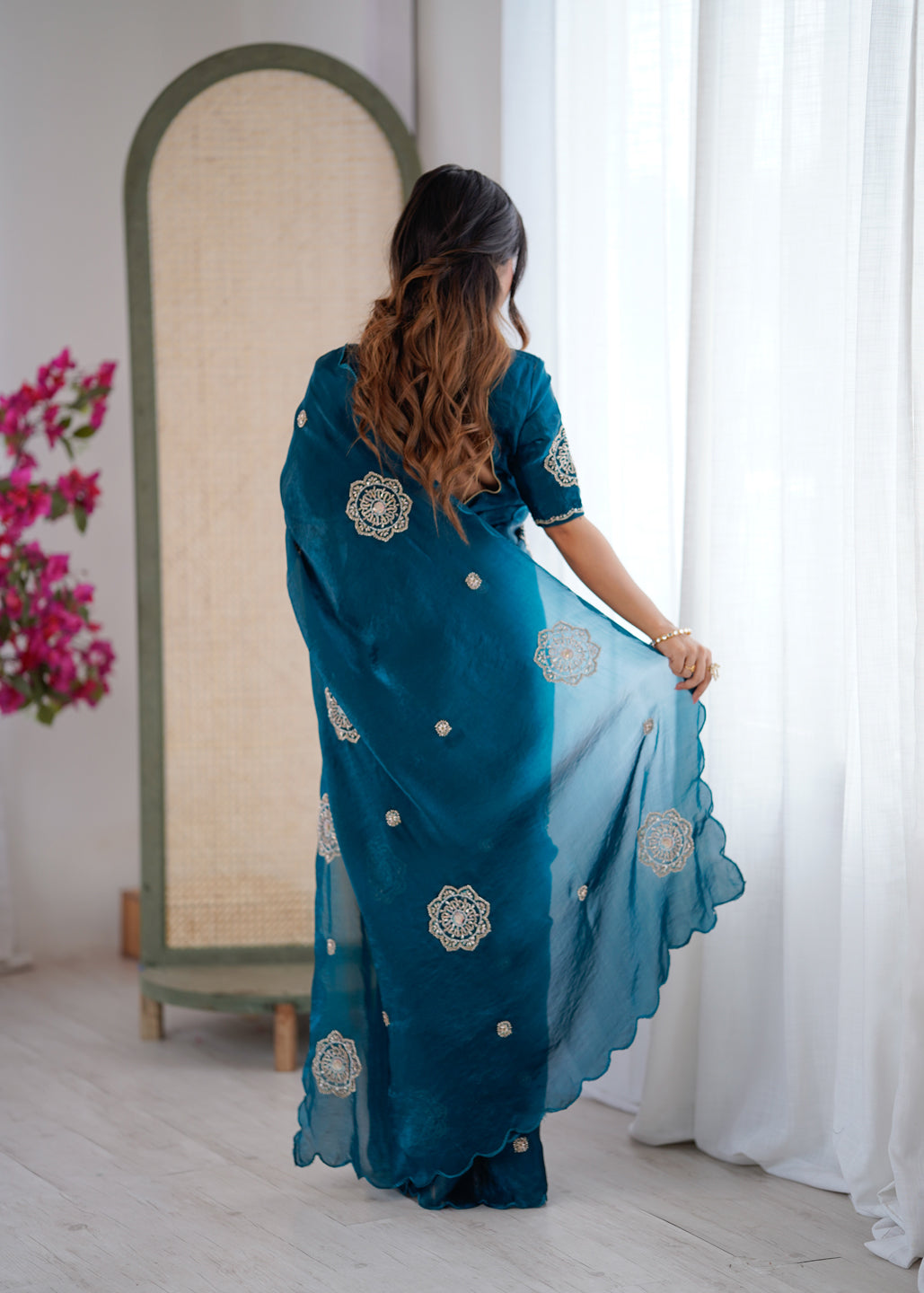 Evanik Designer Heavy Fendy Satin With Beads Embroidered Work Saree With Unstitched Blouse