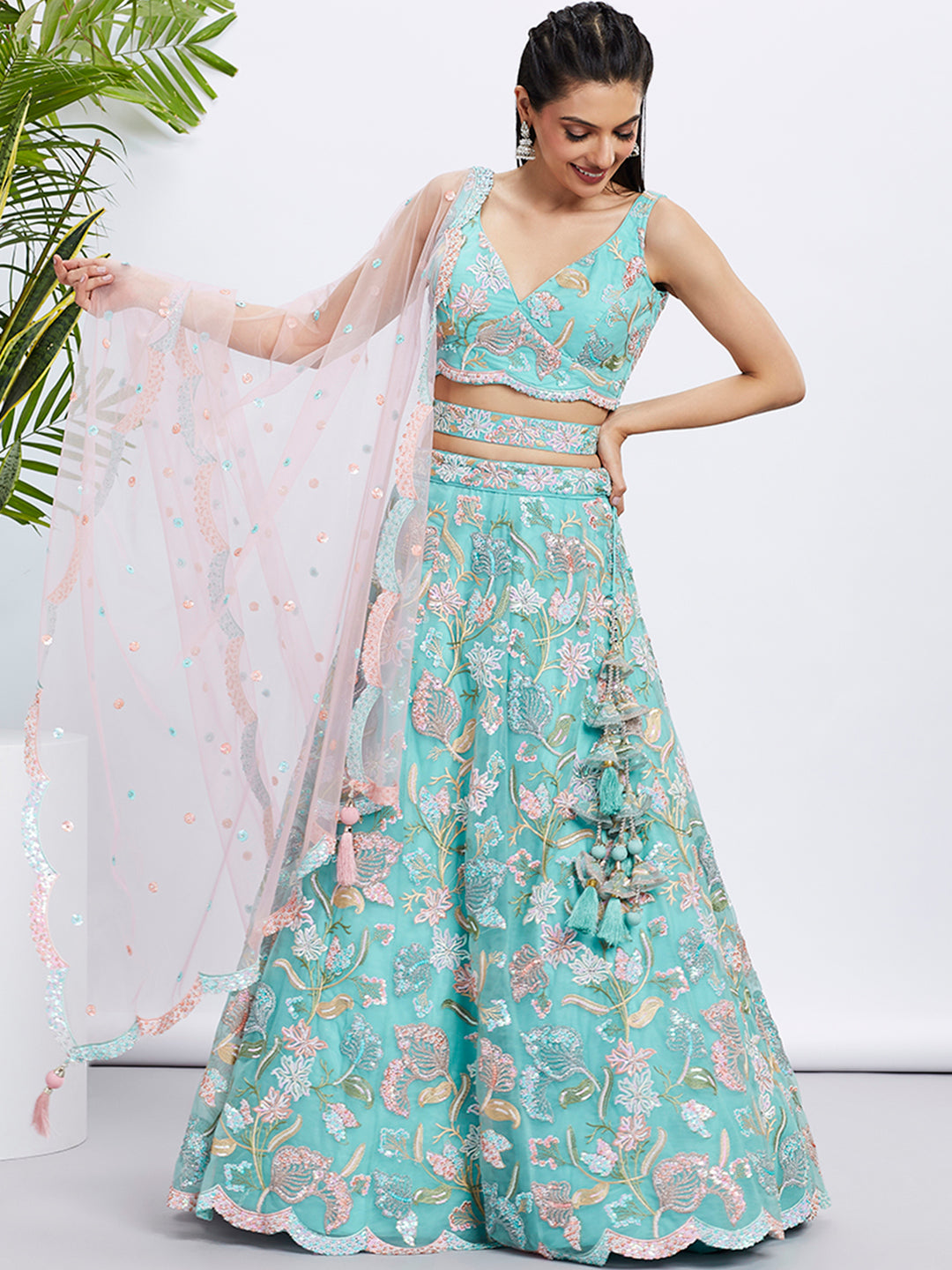 House of Panchhi Turquoise Blue Chiffon Sequins And Thread Embroidery Lehenga Choli & Printed Dupatta - Distacart