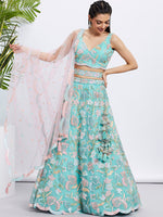 Thumbnail for House of Panchhi Turquoise Blue Chiffon Sequins And Thread Embroidery Lehenga Choli & Printed Dupatta - Distacart