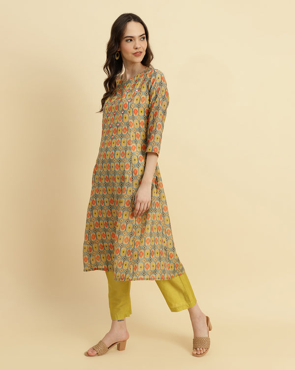 Varanga Ikat Printed A-Line Mirror Embroidered Kurta Paired With Straight Trouser And Dupatta - Distacart