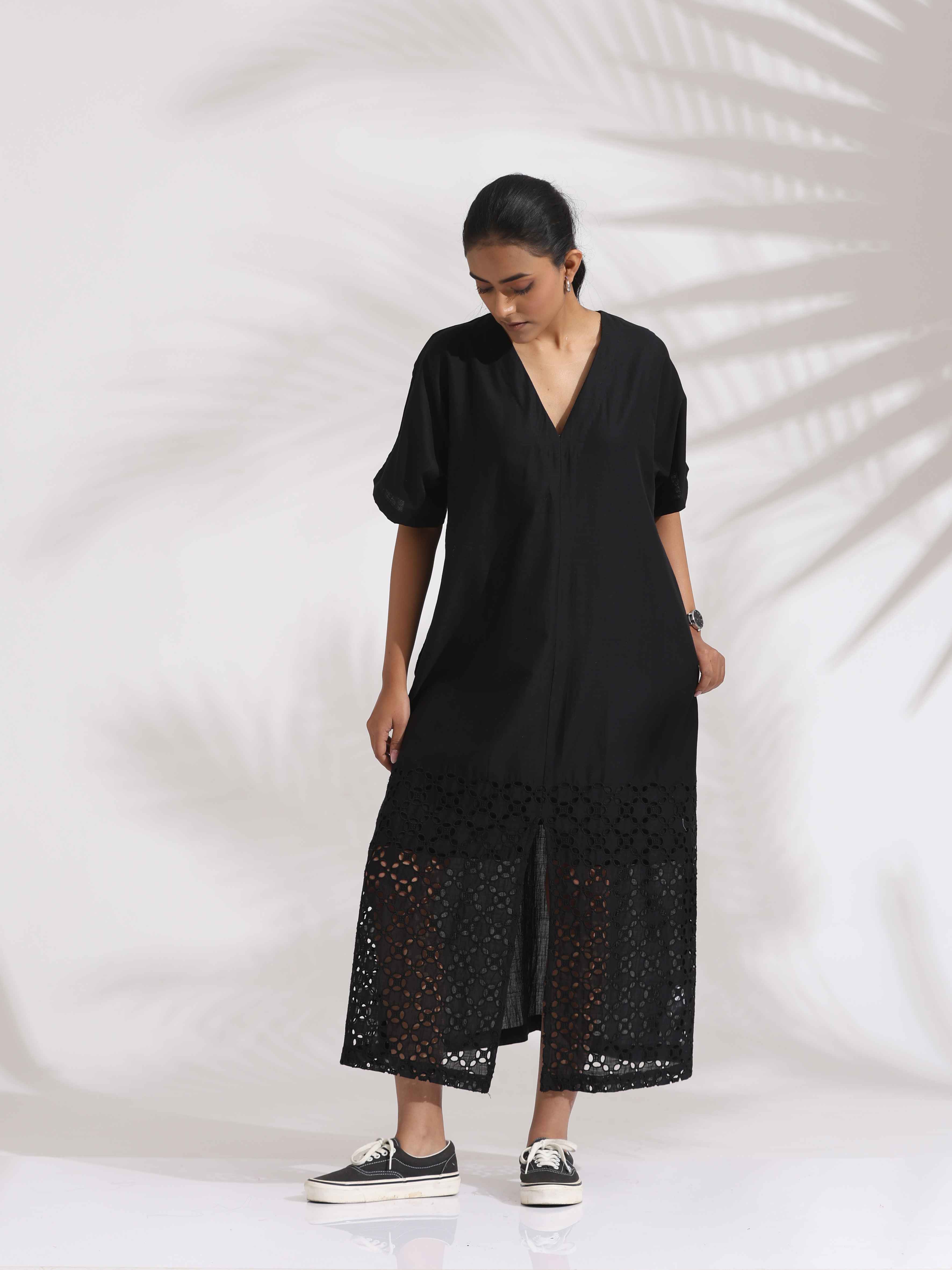 trueBrowns Black Cotton Schiffli Slit Dress - Distacart