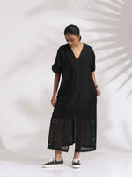 Thumbnail for trueBrowns Black Cotton Schiffli Slit Dress