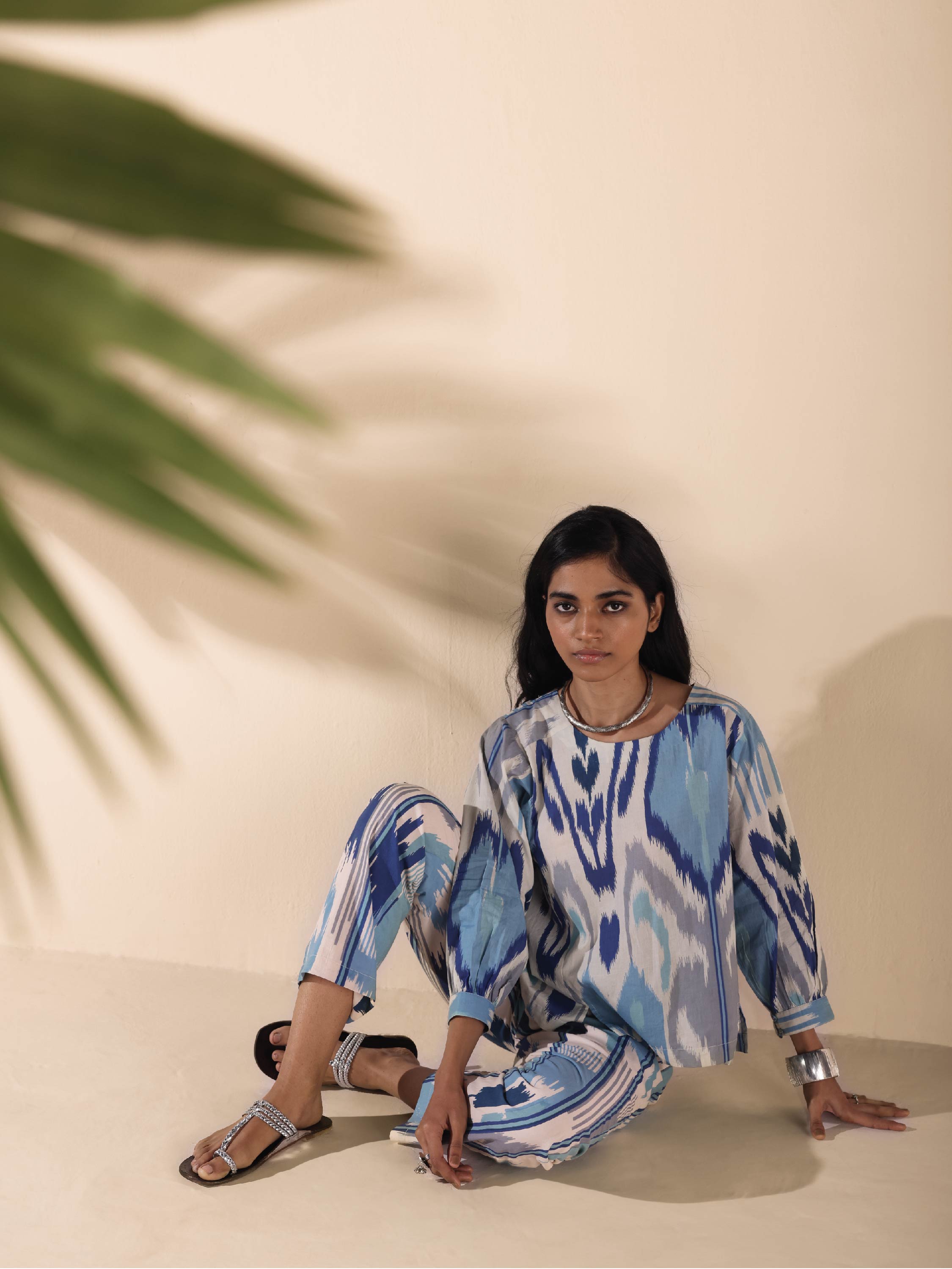trueBrowns Blue Cotton Ikat Short Co-ord Set - Distacart