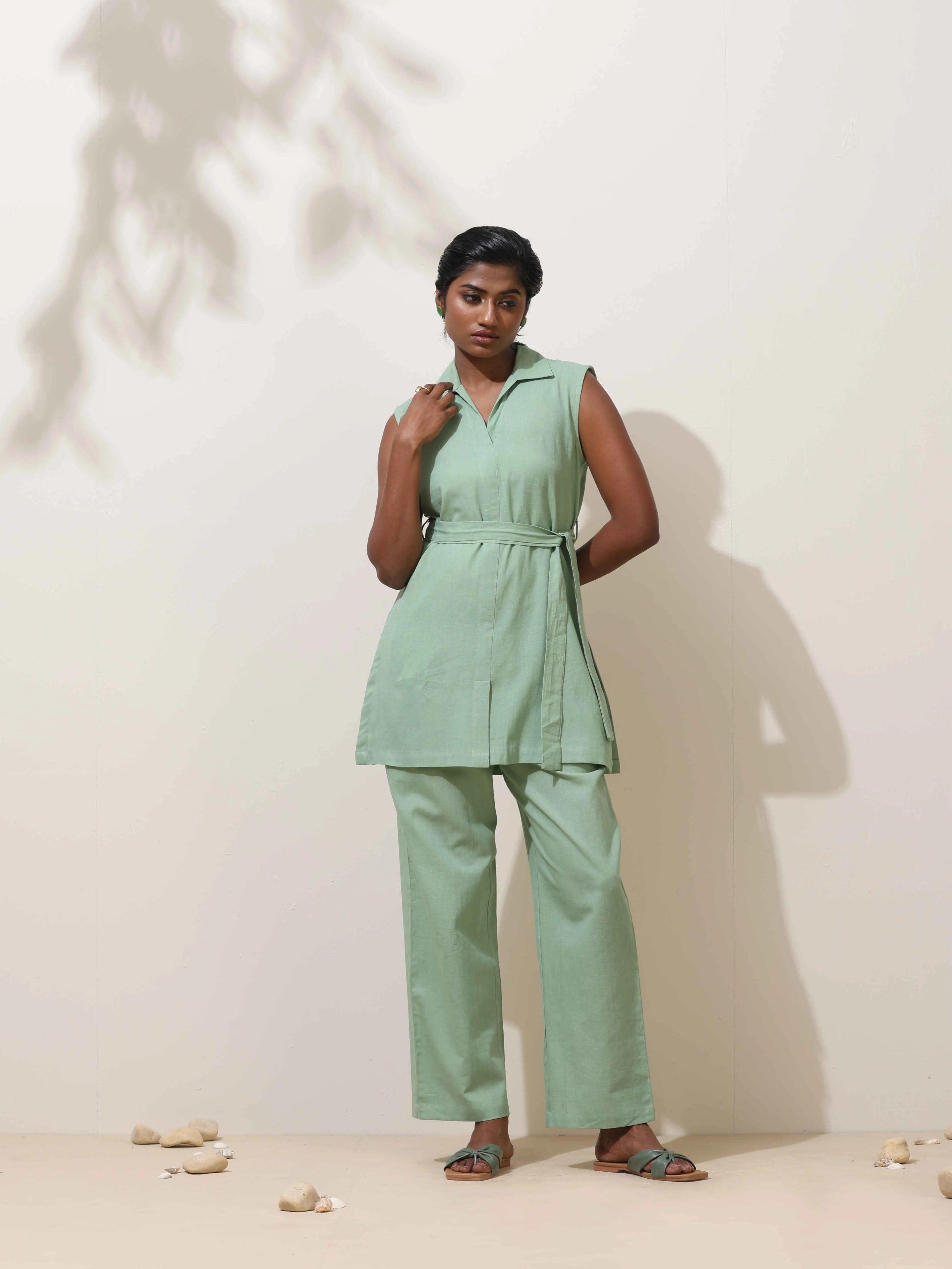 trueBrowns Mint Green Cotton Linen Co-Ord Set - Distacart