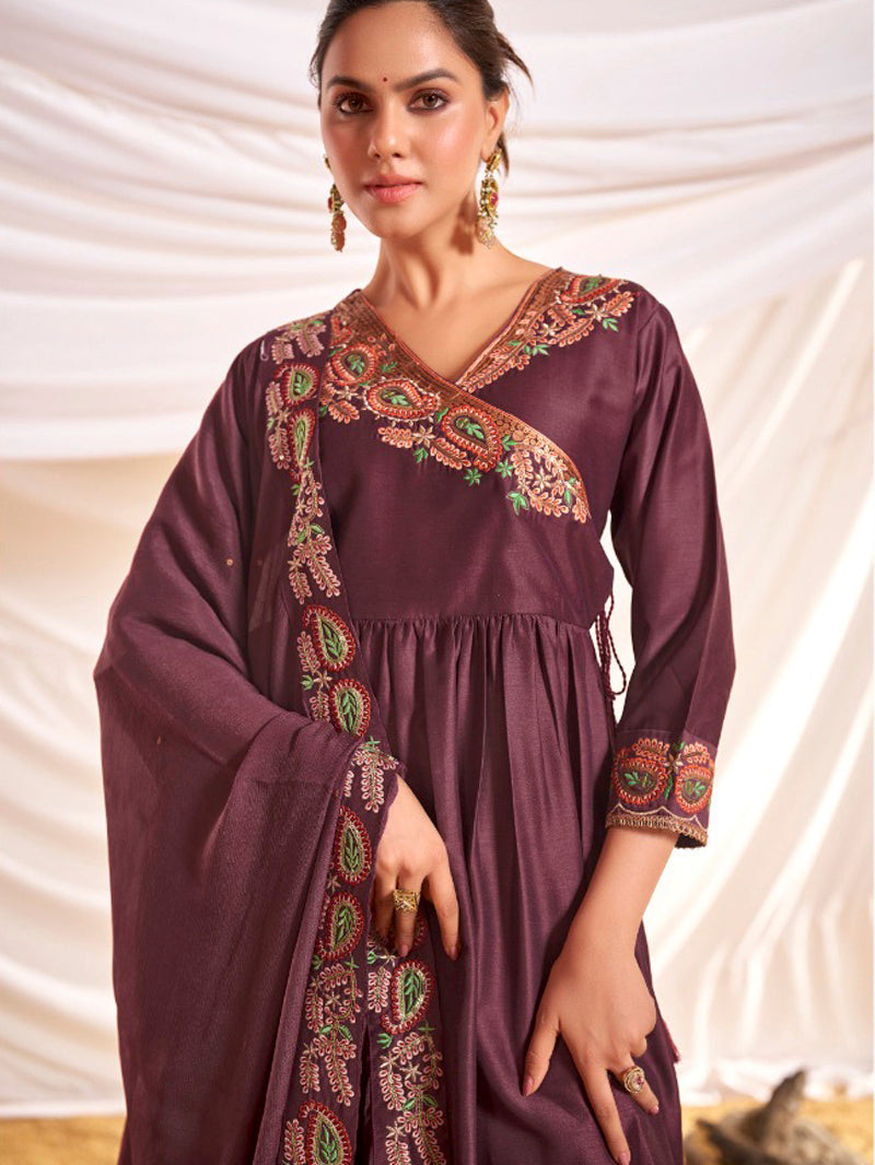 BulBul Women Wine Embroidered Premium Silk Angrakha Pattern Flare Suit With Dupatta