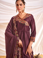 Thumbnail for BulBul Women Wine Embroidered Premium Silk Angrakha Pattern Flare Suit With Dupatta