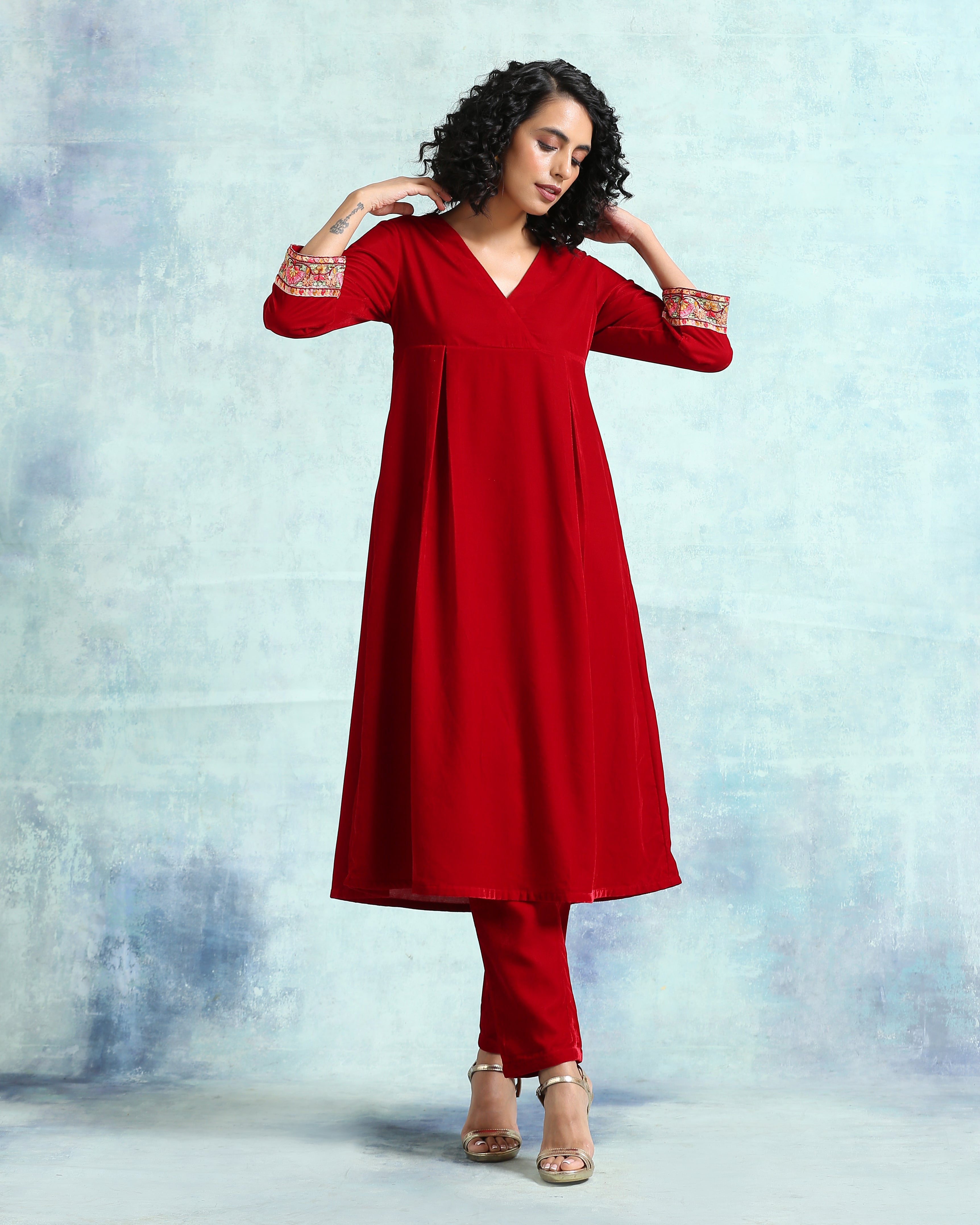trueBrowns True Red Velvet Yoke Kurta - Distacart