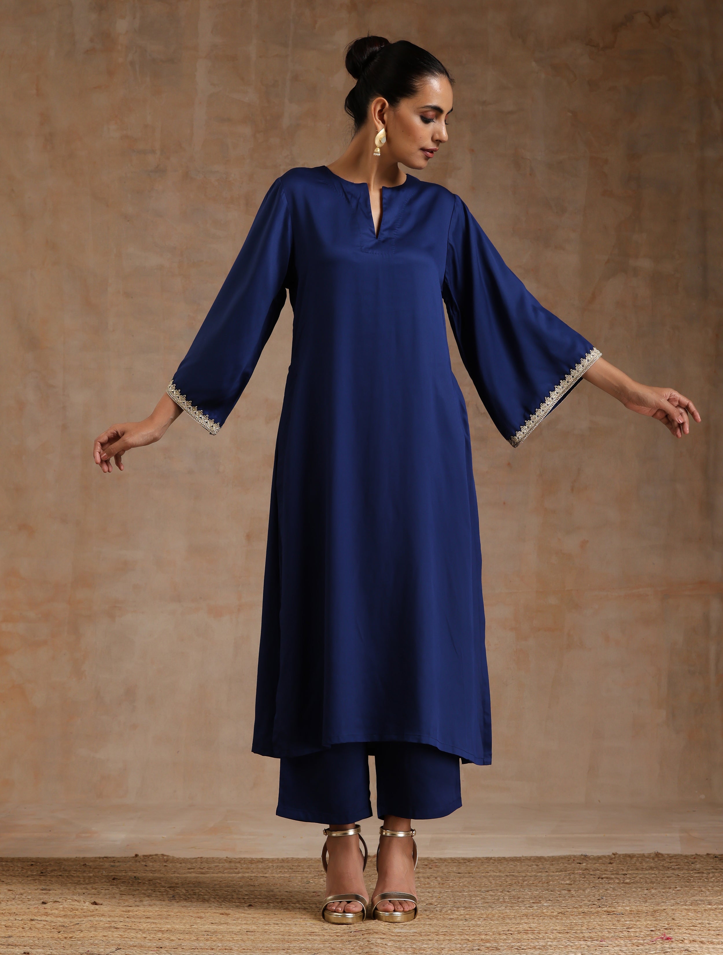 trueBrowns Midnight Blue Modal Satin Relax Kurta Set - Distacart