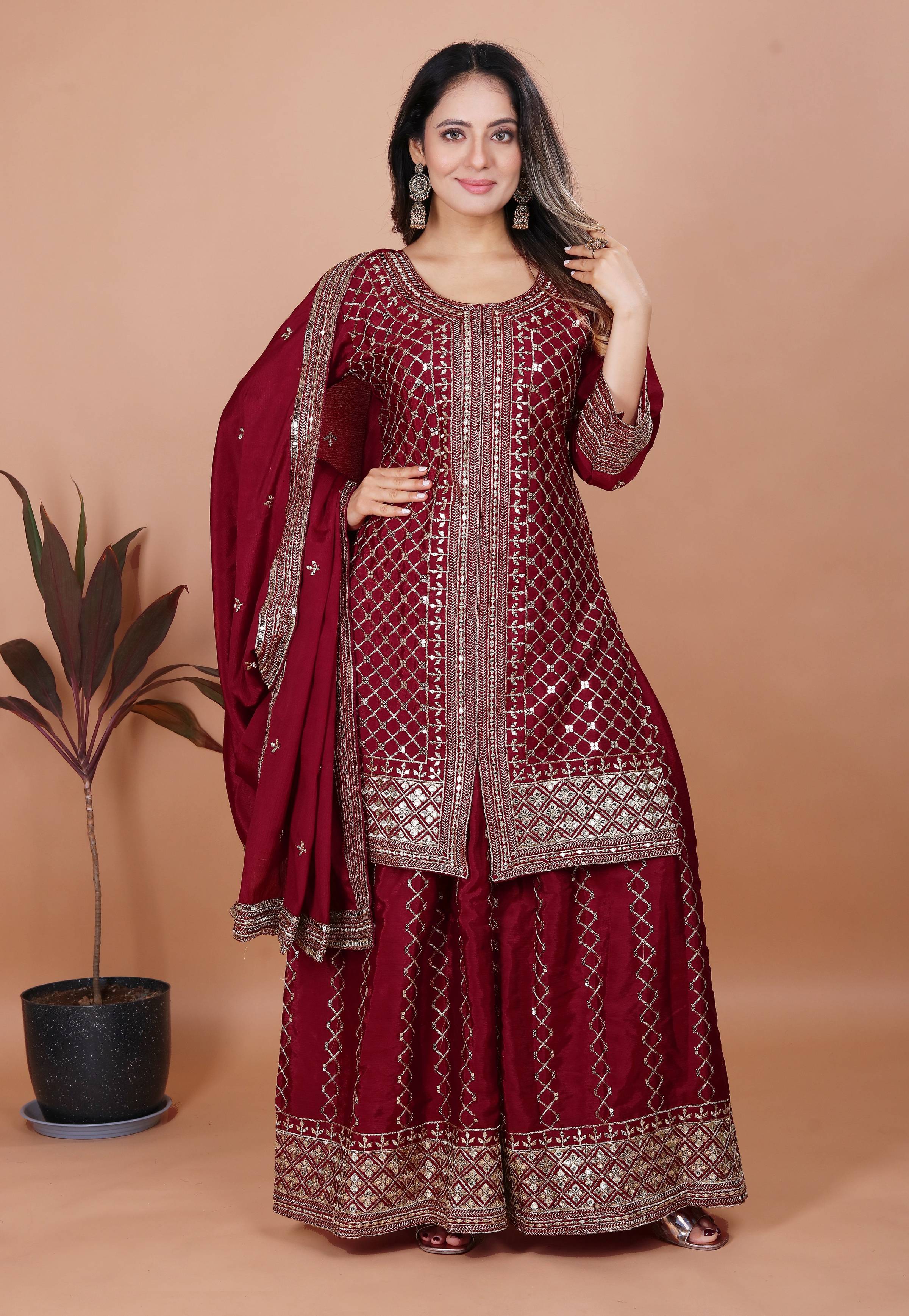 Yash Enterprise Maroon Chinon Silk Party Wear Embroidery Suit Set