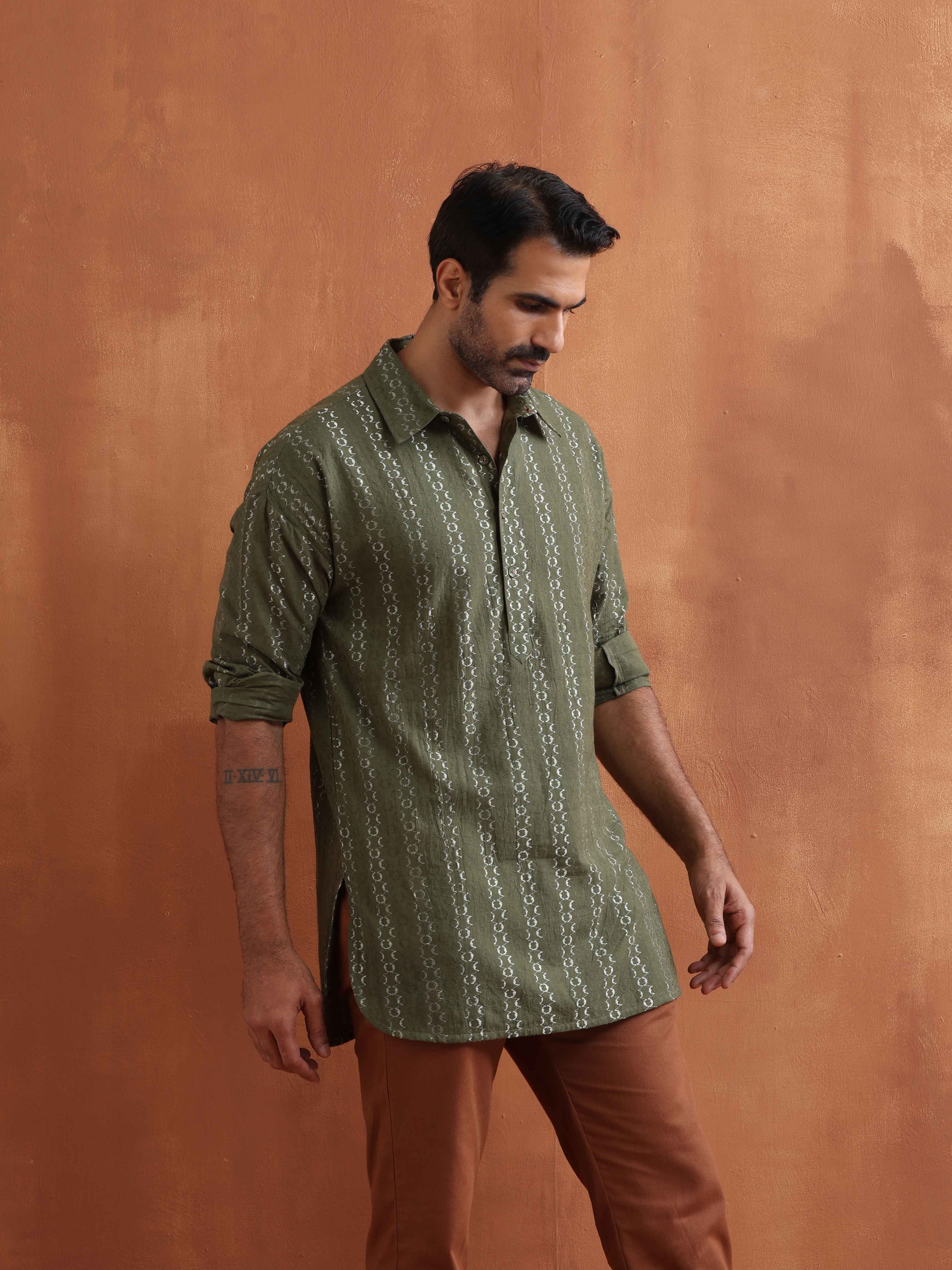 trueBrowns Men's Olive Green Cotton Dobby Short Kurta - Distacart