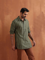 Thumbnail for trueBrowns Men's Olive Green Cotton Dobby Short Kurta