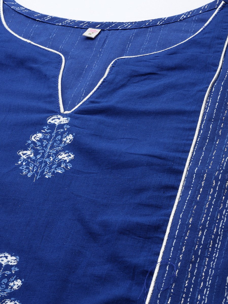 Ahalyaa Women Blue Floral Printed Pure Cotton Kurta with Trousers - Distacart