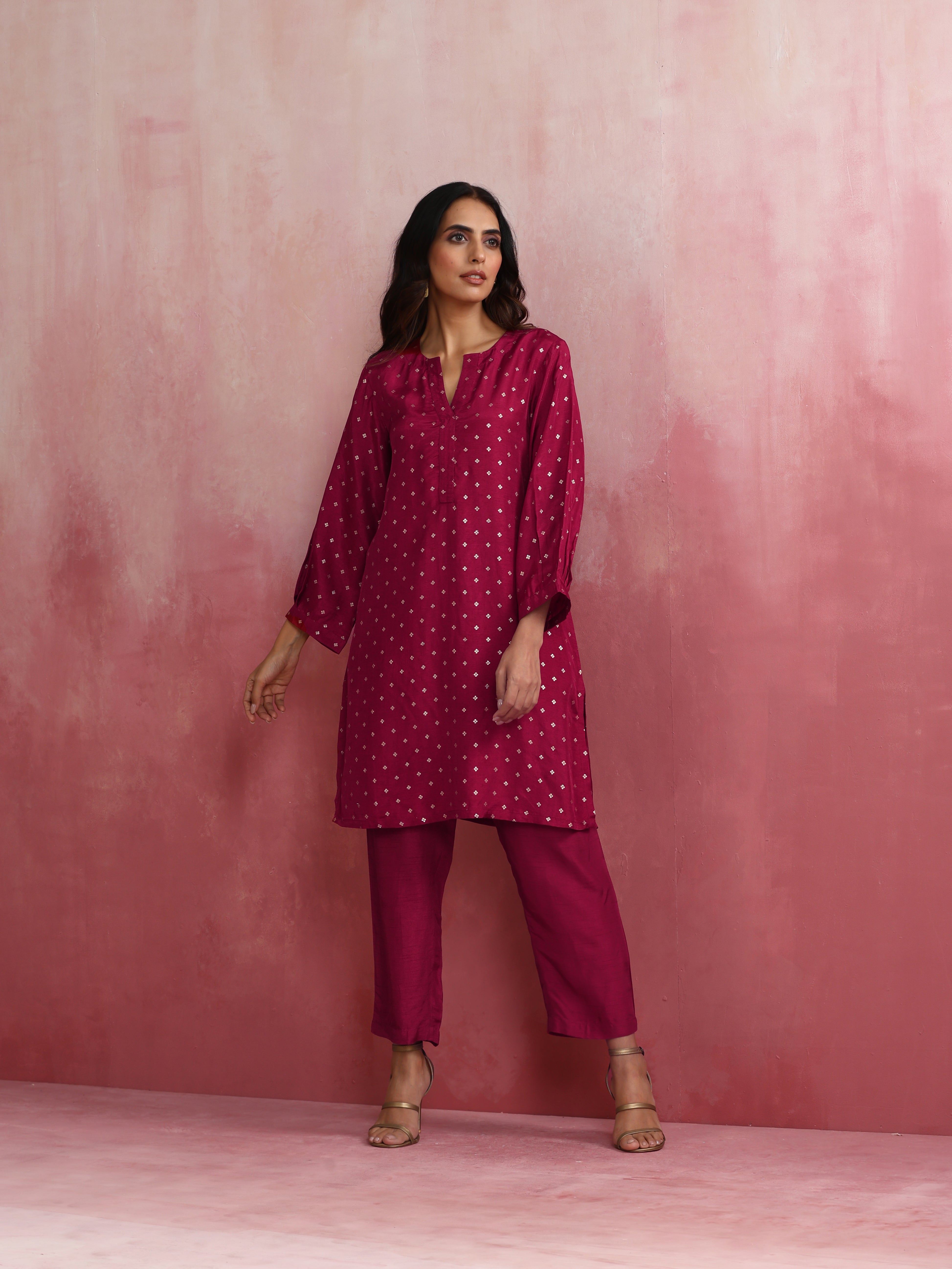 trueBrowns Pink Viscose Silk Kurta Co-ord Set - Distacart