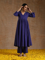 Thumbnail for trueBrowns Spectrum Blue Gold Cotton Kalidar Kurta Set - Distacart