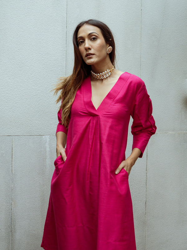 trueBrowns Pink Dupion Silk Puff Sleeve Kurta Pant Set - Distacart