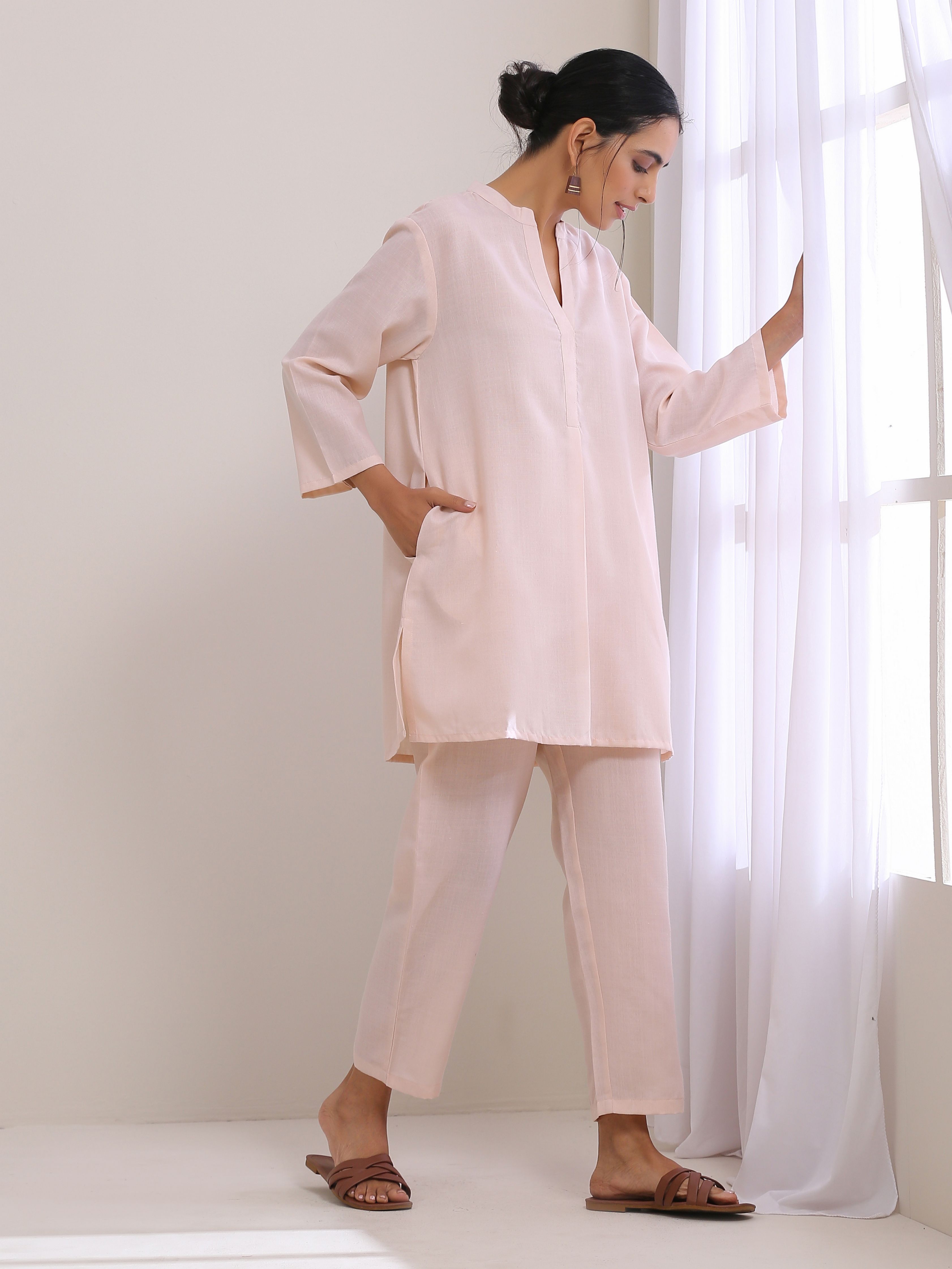 trueBrowns Pink Slub Relaxed Fit Co-Ord Set - Distacart