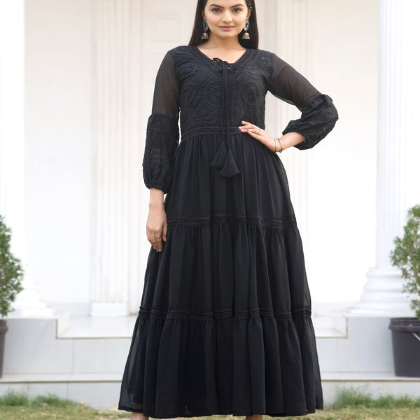 Teeya Creation Black Color Faux Georgette Silk Heavy Embroidery Work Fully Stitched Gown - Distacart