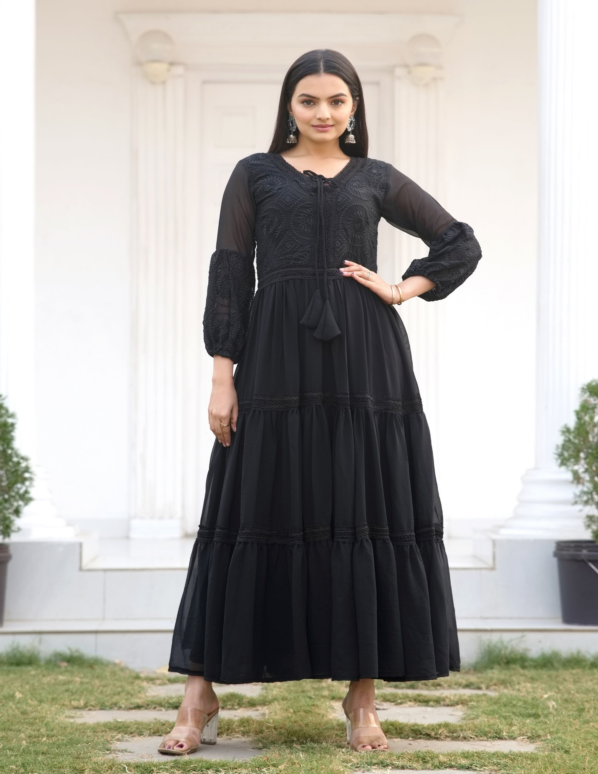 Teeya Creation Black Color Faux Georgette Silk Heavy Embroidery Work Fully Stitched Gown - Distacart