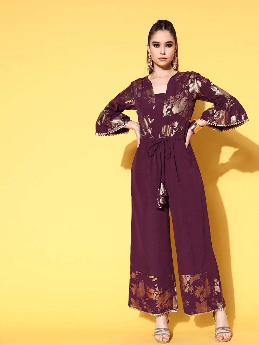 Ahalyaa Burgundy & Gold-Toned Bell Sleeves Printed Ethnic Jumpsuit With Waist Tie-Ups - Distacart