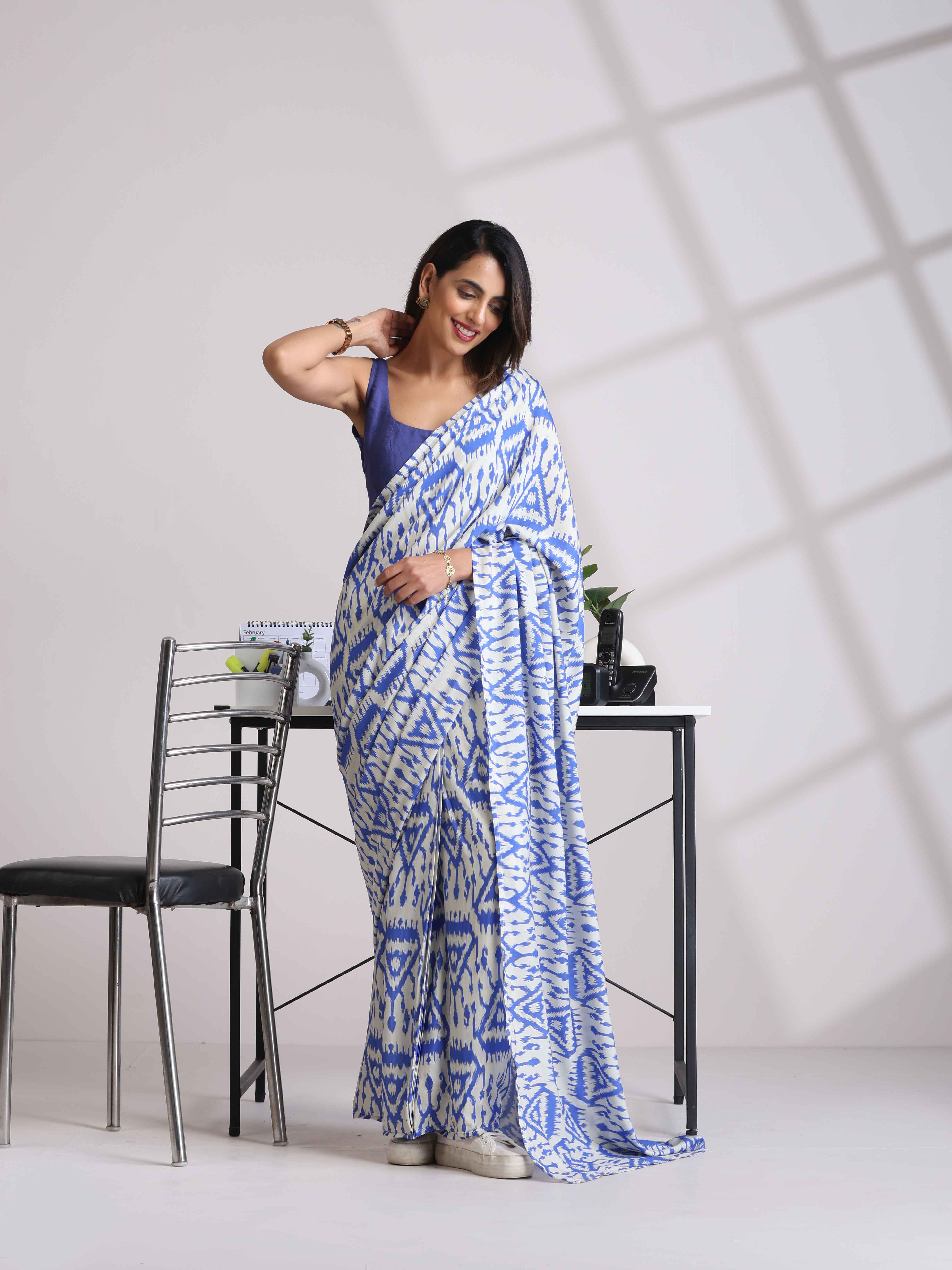 trueBrowns Blue Muslin Ikat Saree - Distacart