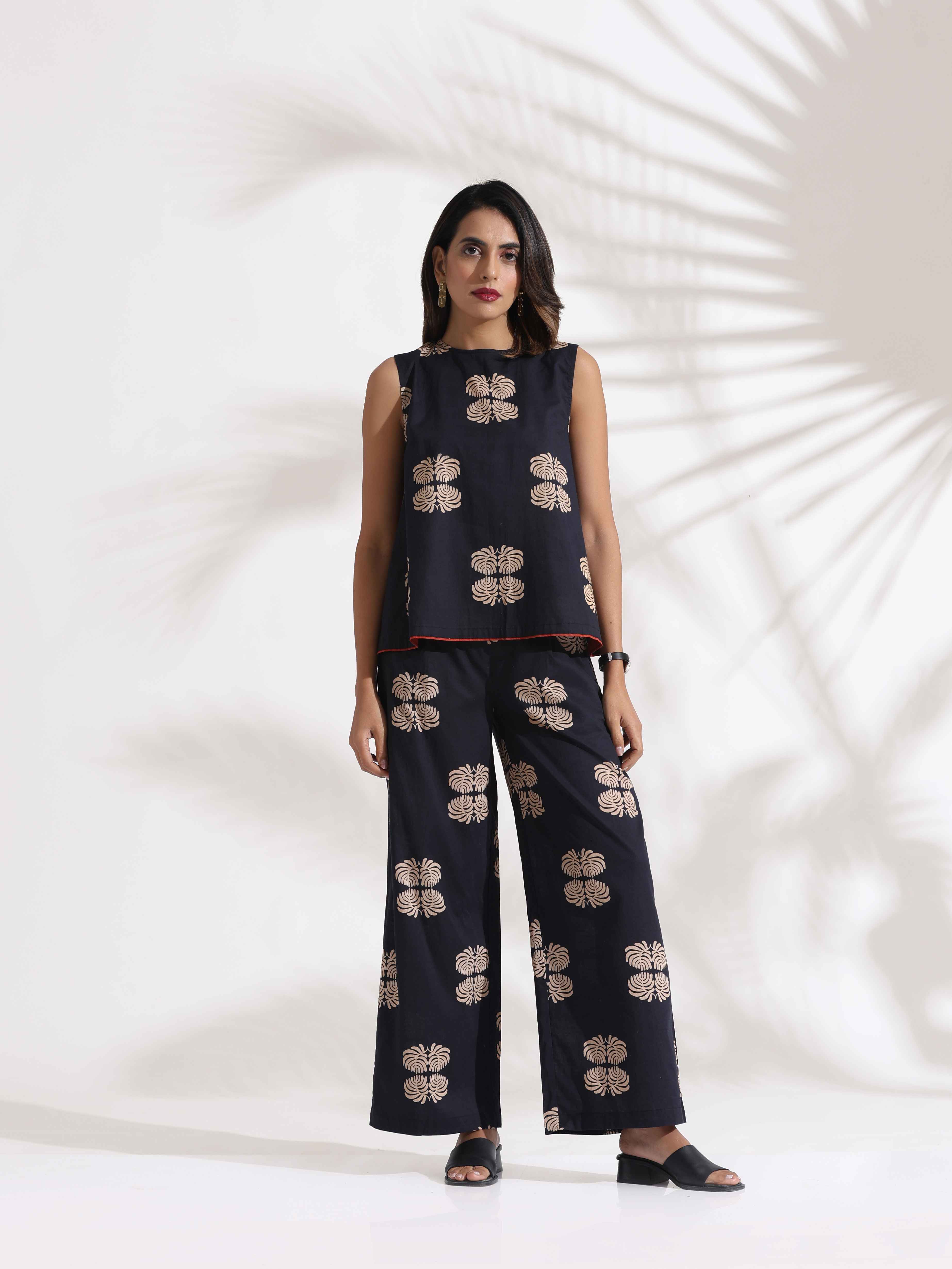 trueBrowns Black Cotton Print Top & Flared Pants Co-ord Set - Distacart