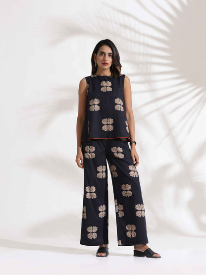 trueBrowns Black Cotton Print Top & Flared Pants Co-ord Set - Distacart