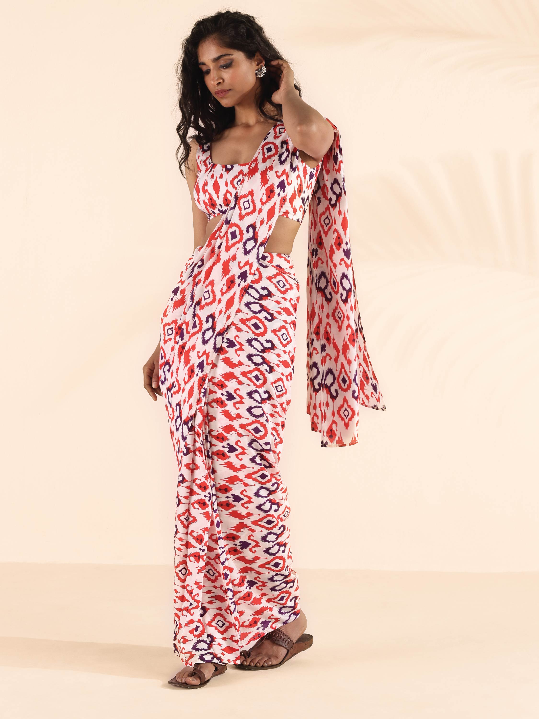 trueBrowns Carrot Muslin Ikat Ready to Wear Saree - Distacart