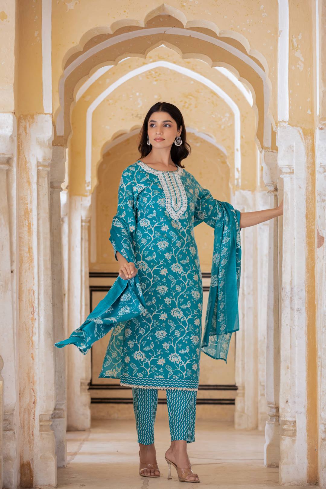 Varanga Women Blue Printed Round Neck Straight Kurta With Bottom And Dupatta - Distacart