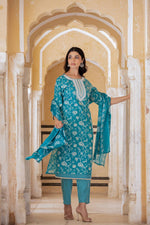 Thumbnail for Varanga Women Blue Printed Round Neck Straight Kurta With Bottom And Dupatta - Distacart
