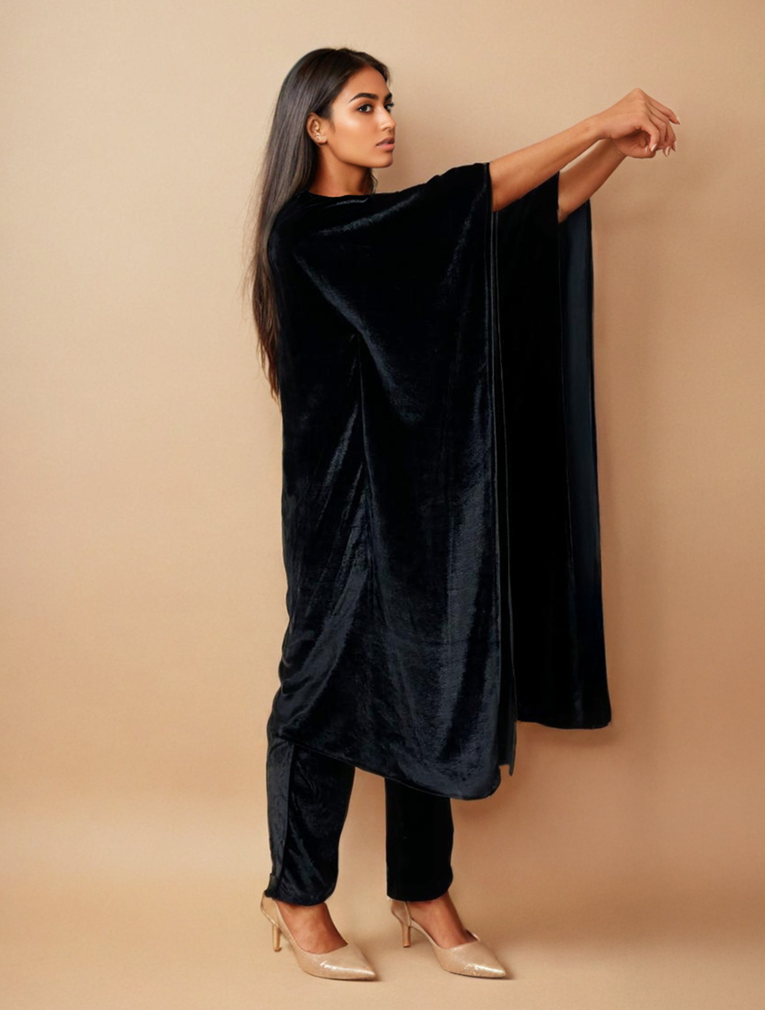 trueBrowns Black Velvet Embroidered Kaftan Kurta Set - Distacart