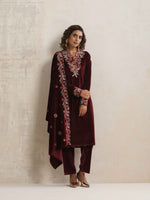 Thumbnail for trueBrowns Maroon Velvet Floral Embroidered Kurta Pant Dupatta Set