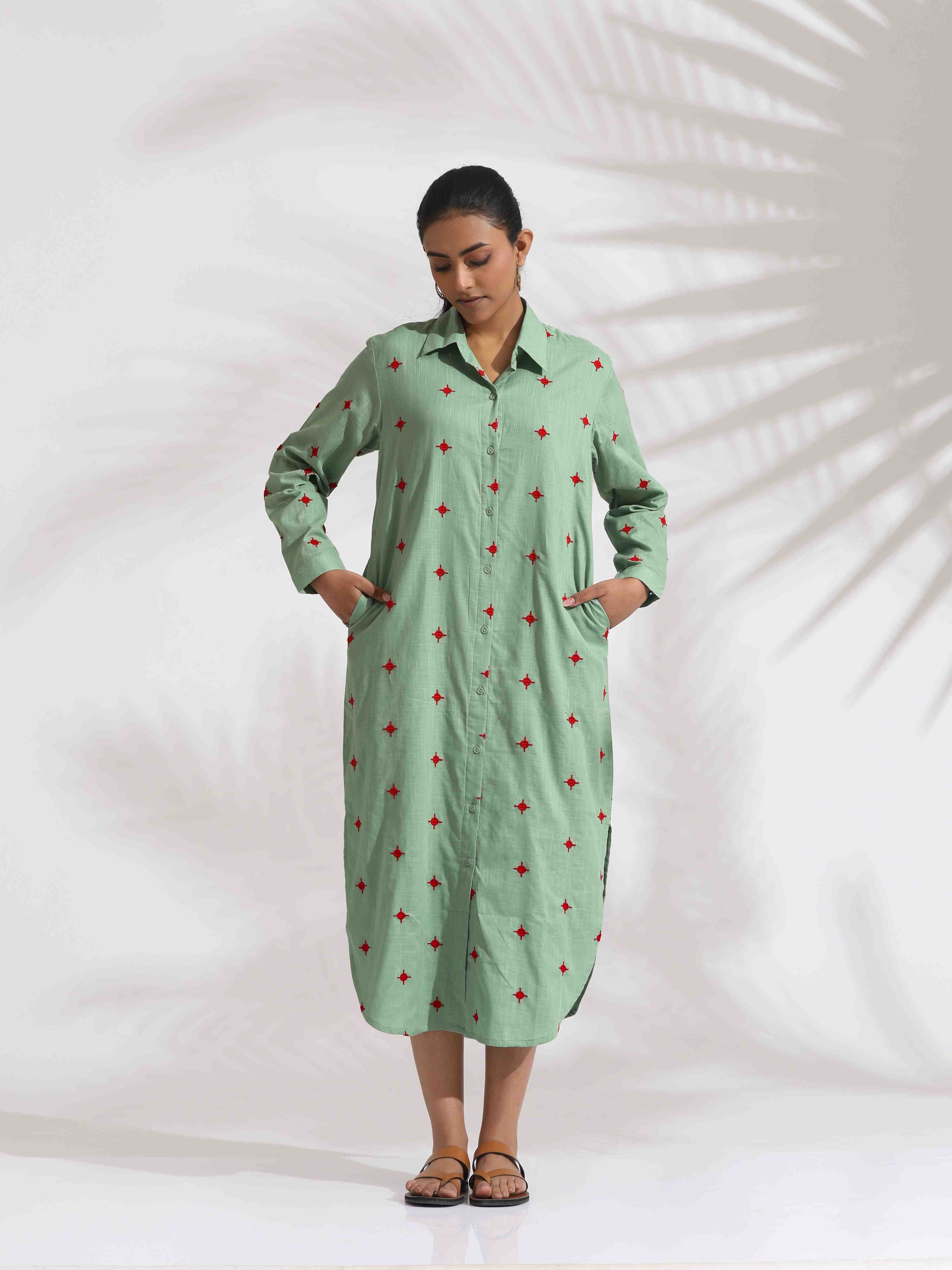 trueBrowns Green Cotton Embroidered Shirt Dress - Distacart