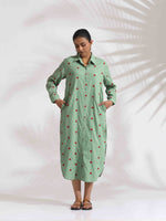 Thumbnail for trueBrowns Green Cotton Embroidered Shirt Dress - Distacart
