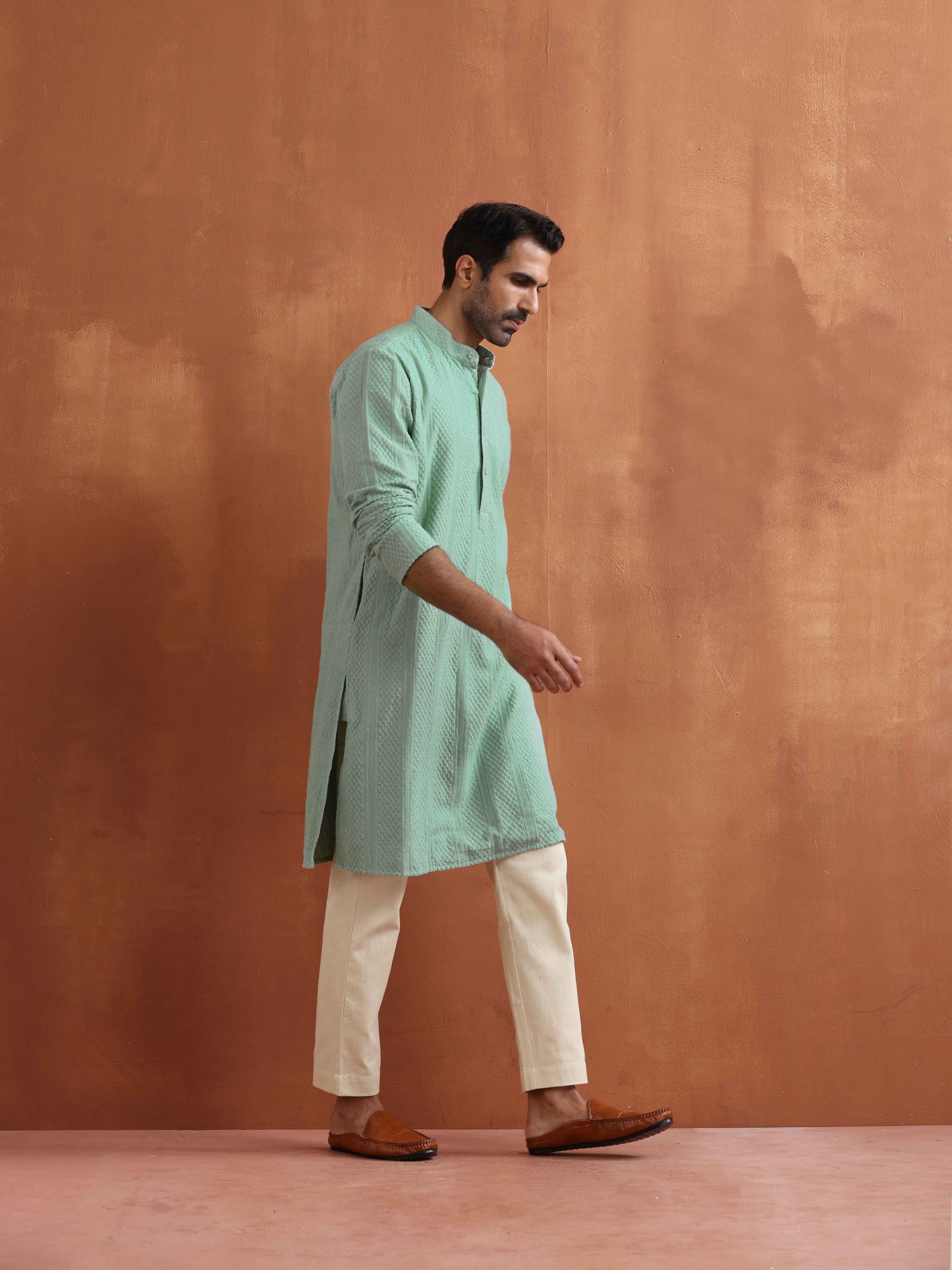 trueBrowns Men's Green Cotton Dobby Kurta - Distacart