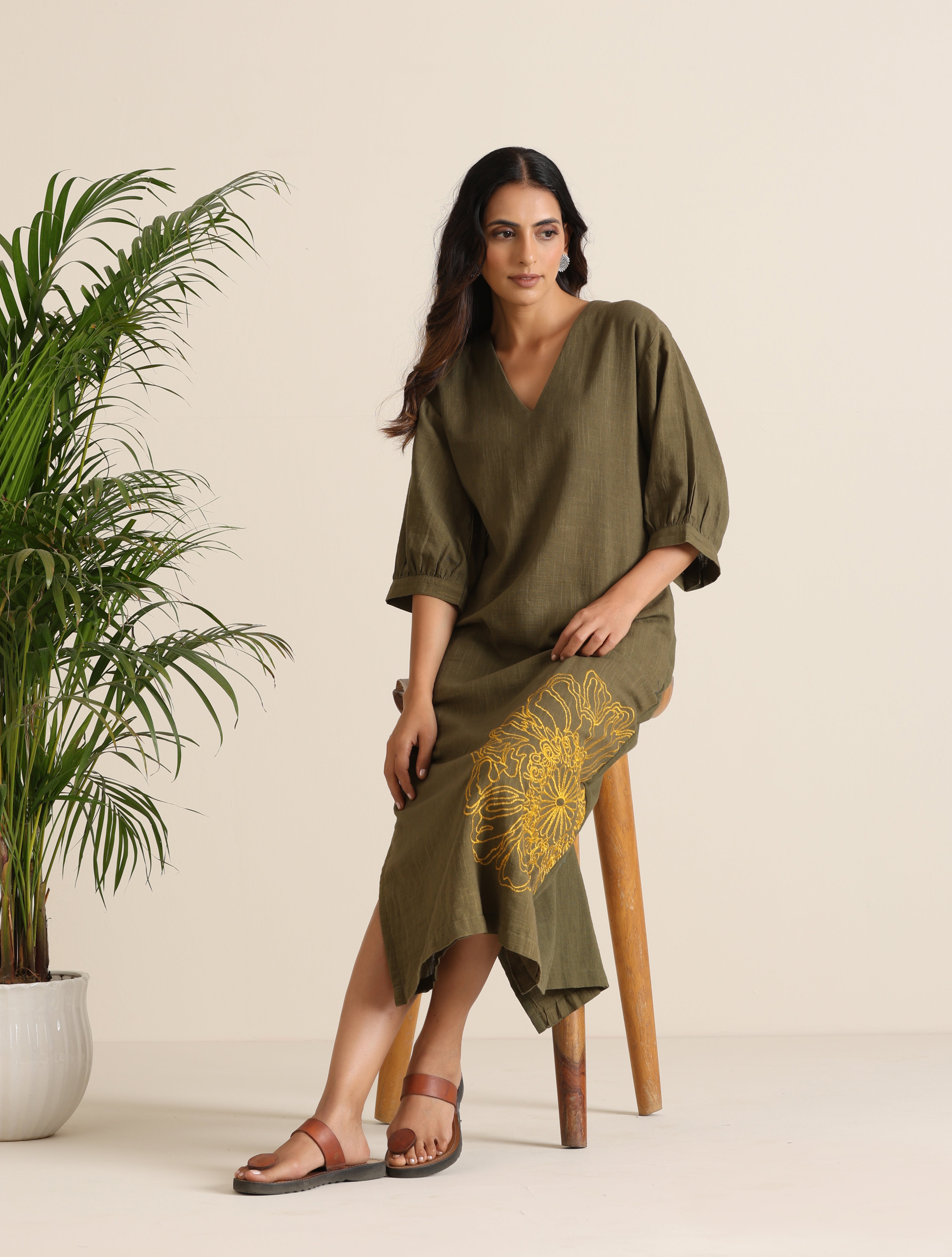 trueBrowns Olive Cotton Embroidered Dress - Distacart