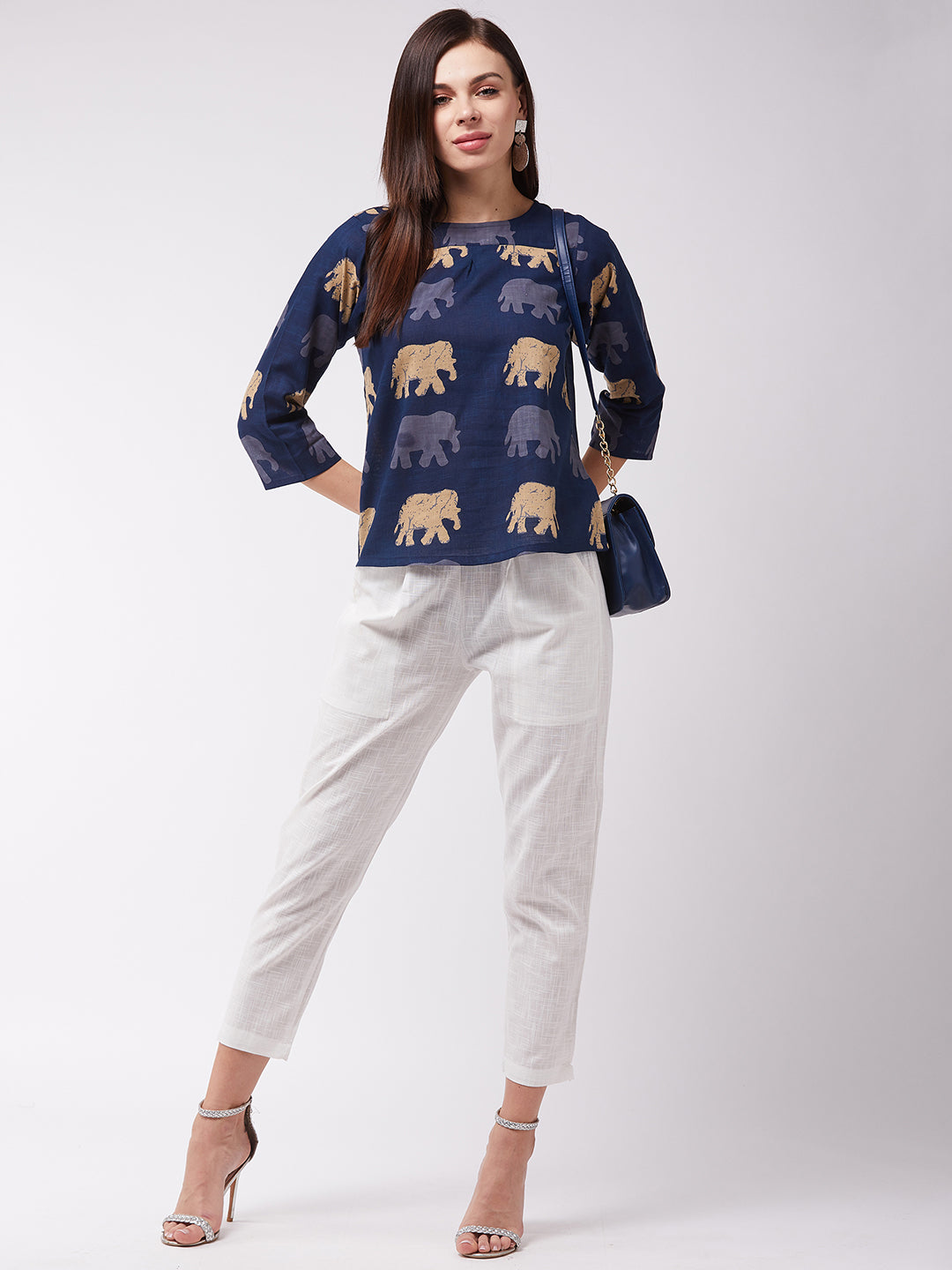InWeave Elephant Print Blue Top - Distacart