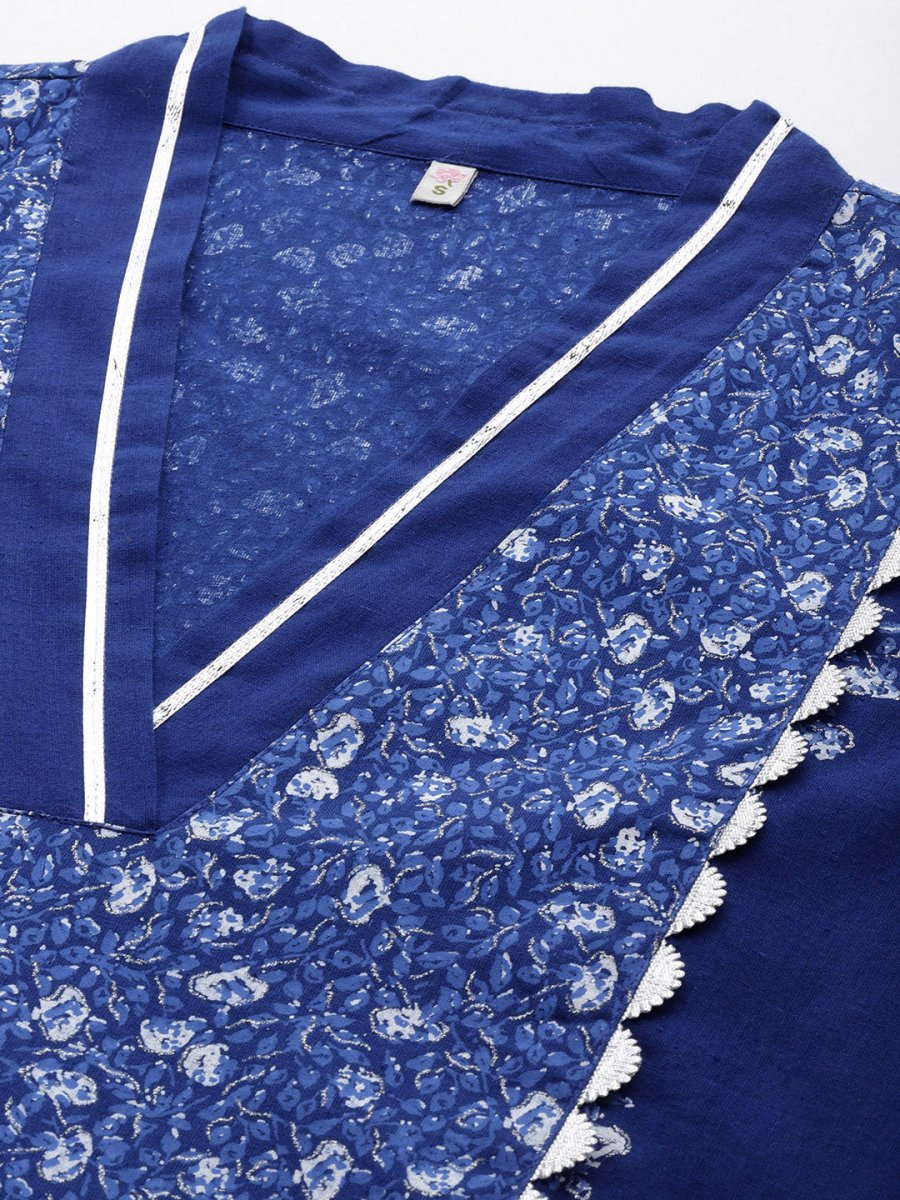 Ahalyaa Floral Print Midi Pure Cotton Ethnic Dress with Lace Inserts Detail - Distacart