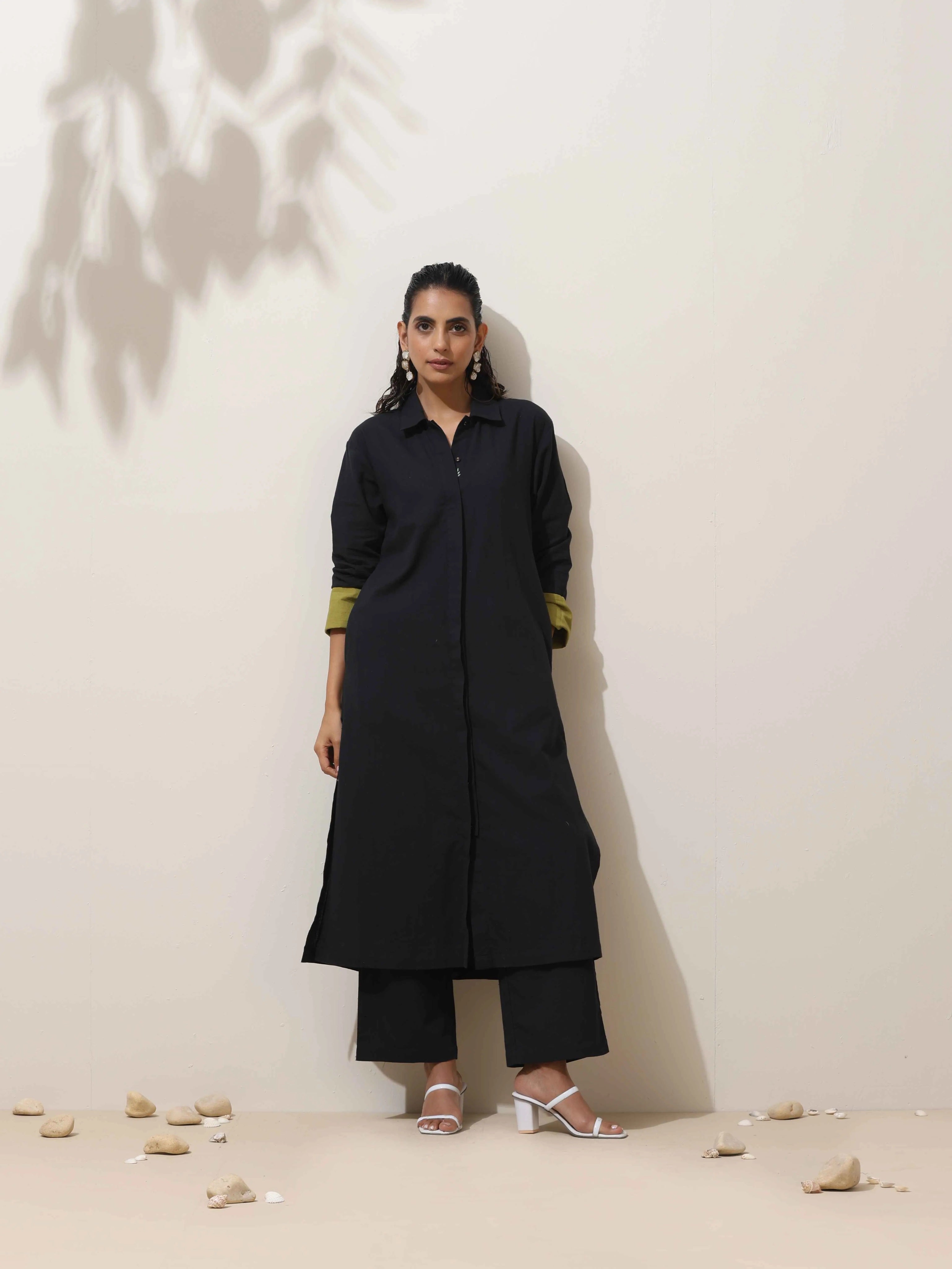 trueBrowns Black Cotton Linen Kurta Pant Set - Distacart