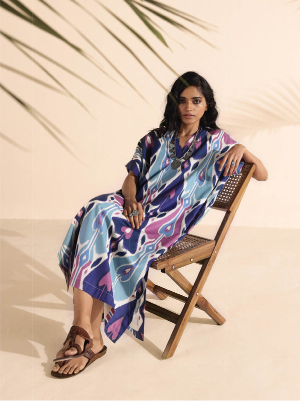 trueBrowns Blue Cotton Ikat Oversized Dress - Distacart