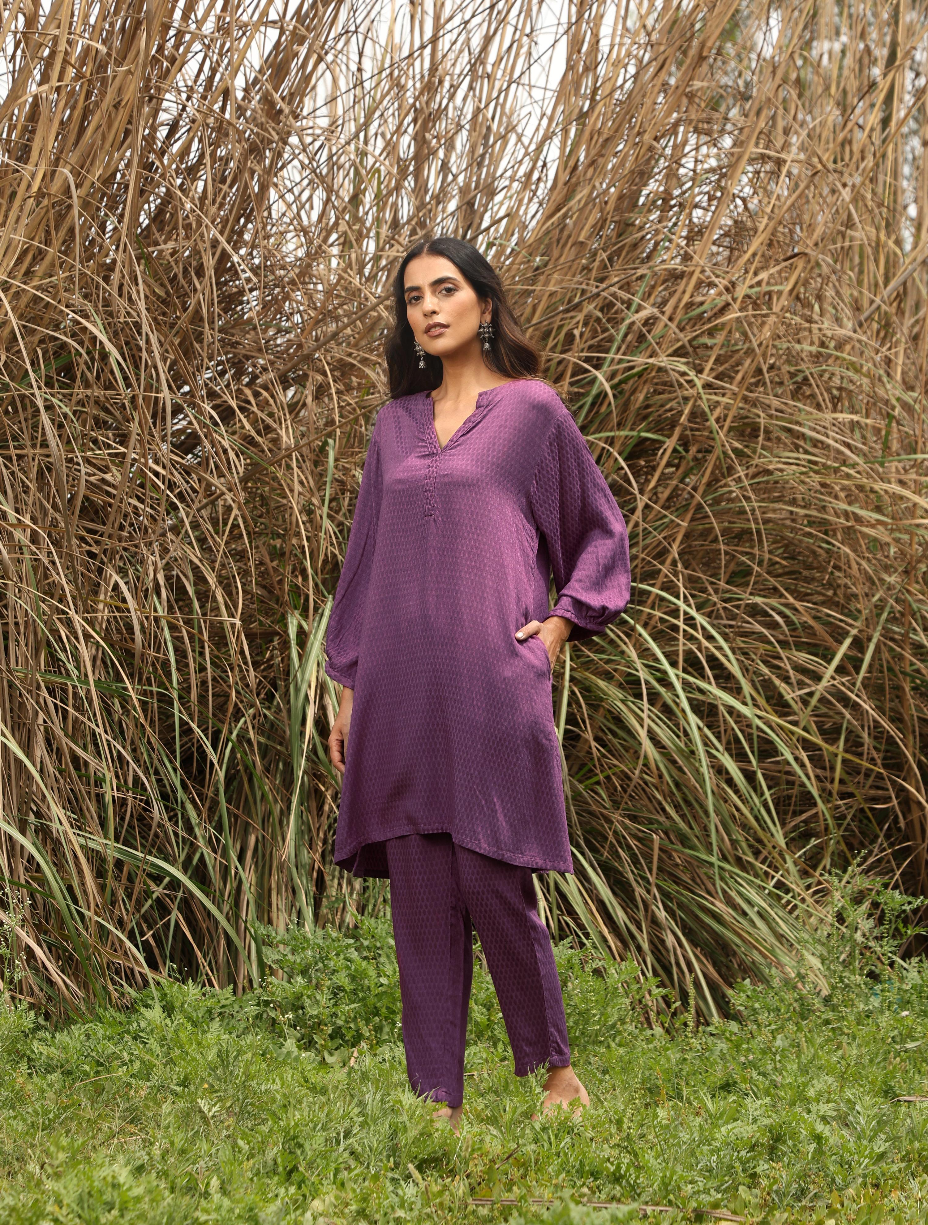 trueBrowns Purple Viscose Dobby Relaxed Co-ord Set - Distacart