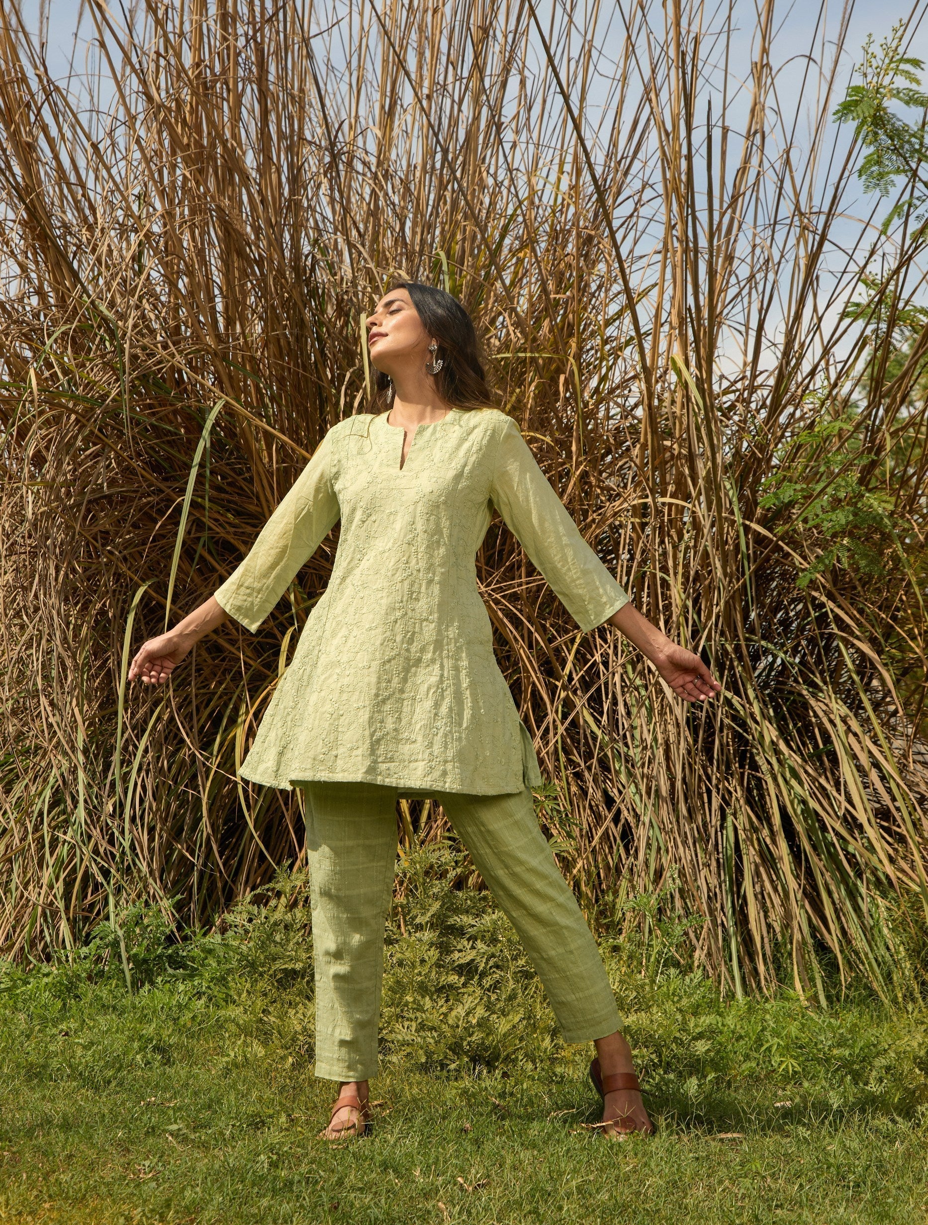 trueBrowns Green Cotton Embroidered Co-ord Set - Distacart