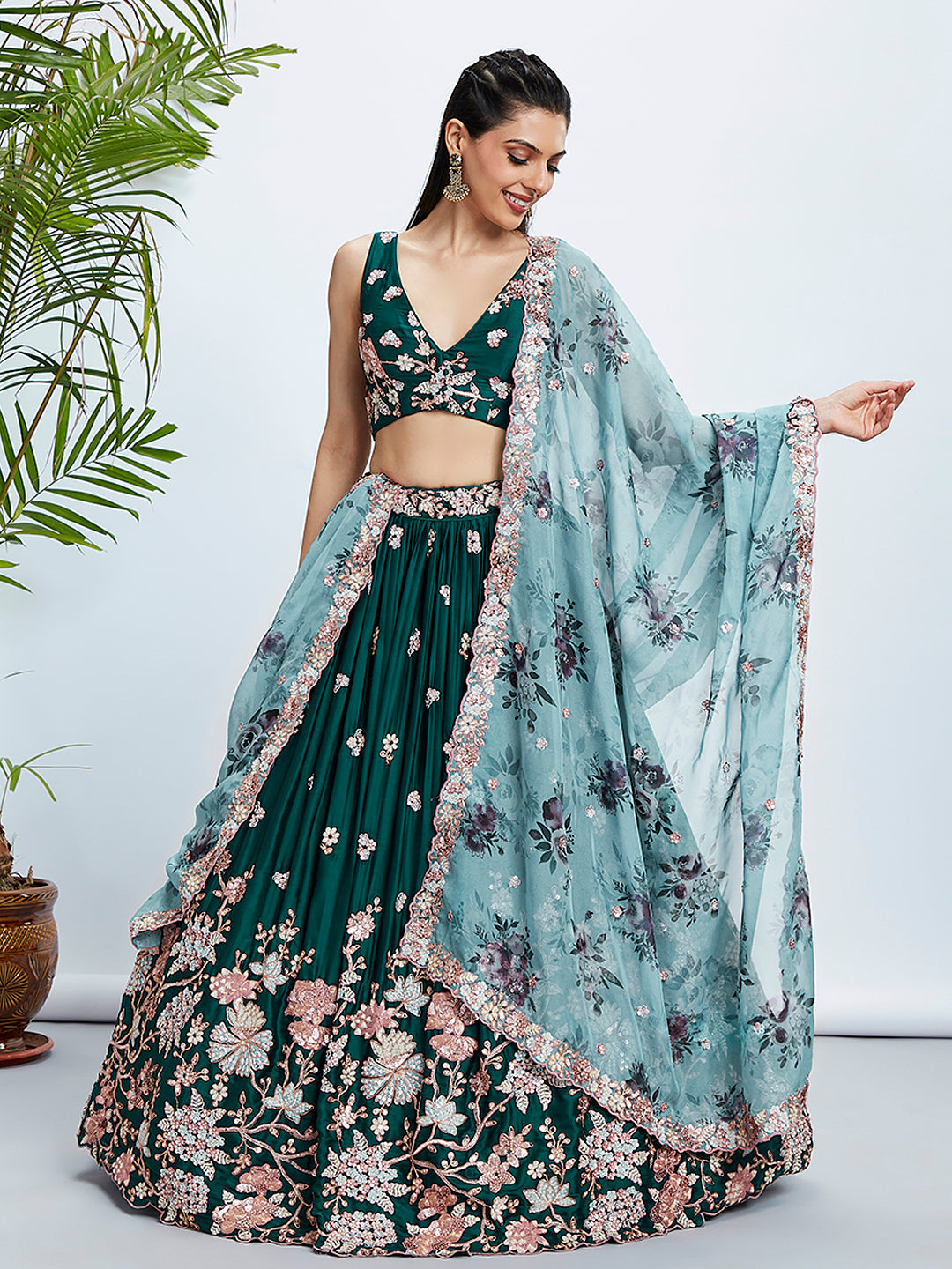 House of Panchhi Teal Pure Georgette Sequins And Thread Embroidery Lehenga Choli & Dupatta - Distacart